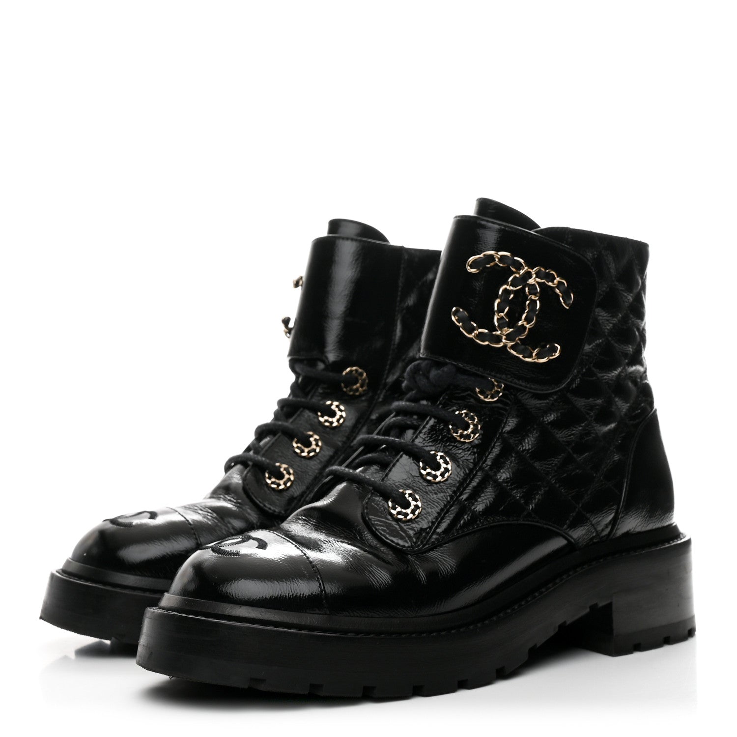 Shiny Calfskin Quilted Lace Up Combat Boots 36 Black