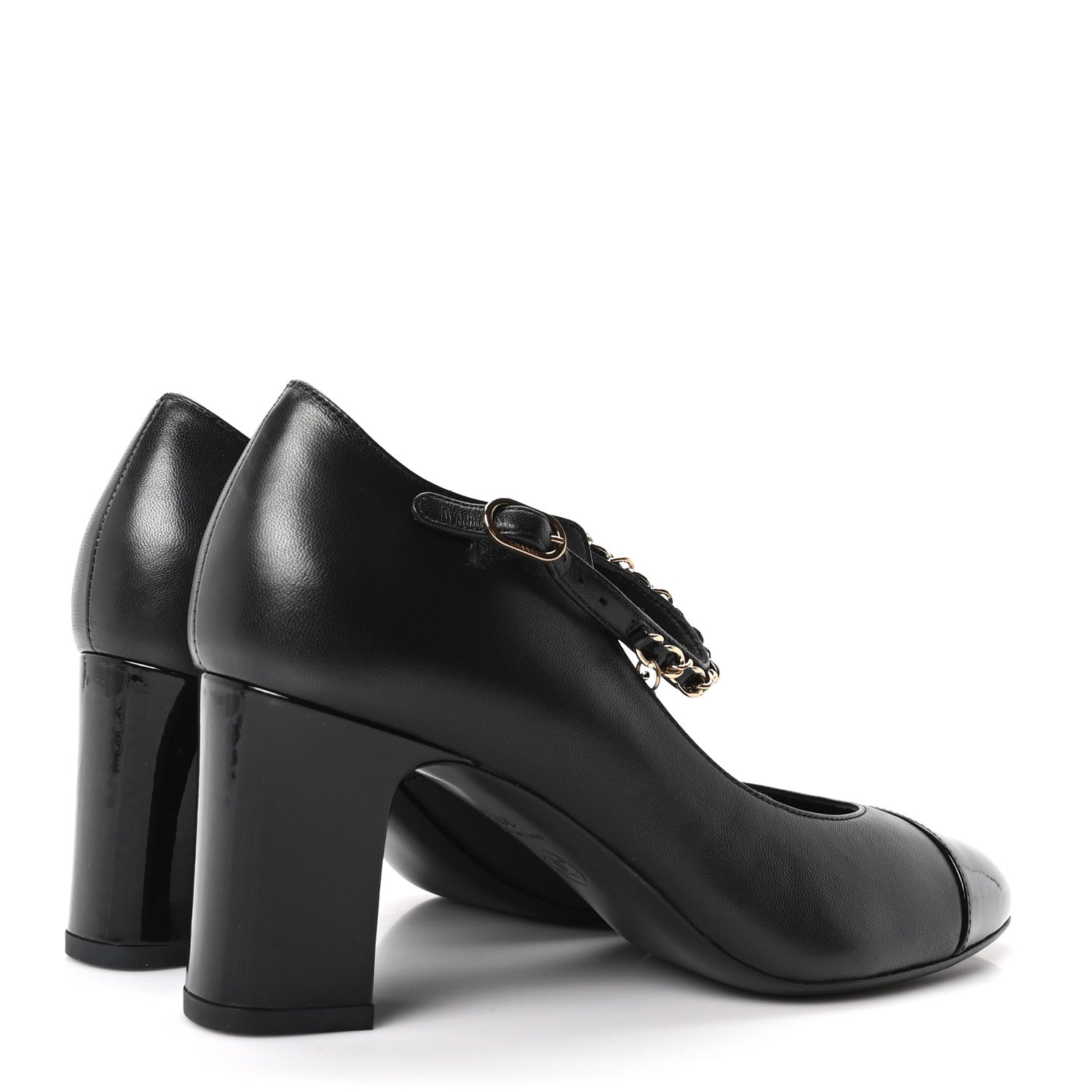 Shiny Lambskin Patent Calfskin Cap Toe Ankle Pearl Chain Pumps 39.5 Black
