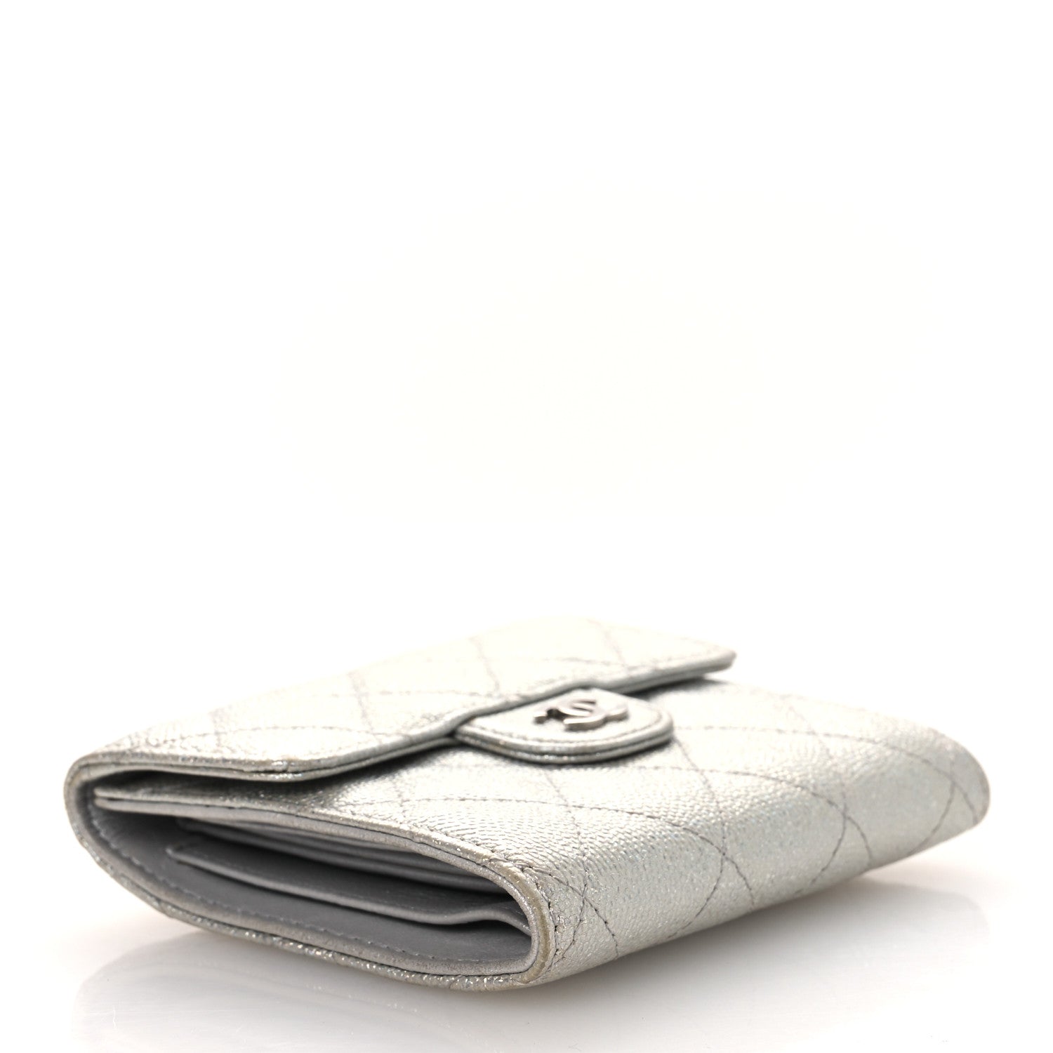 Metallic Caviar Quilted Compact Flap Wallet Silver