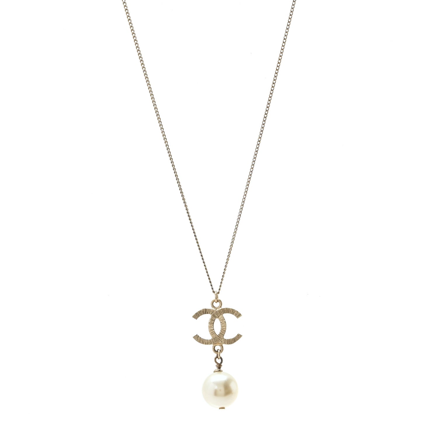 Metal Textured CC Pearl Drop Necklace Gold