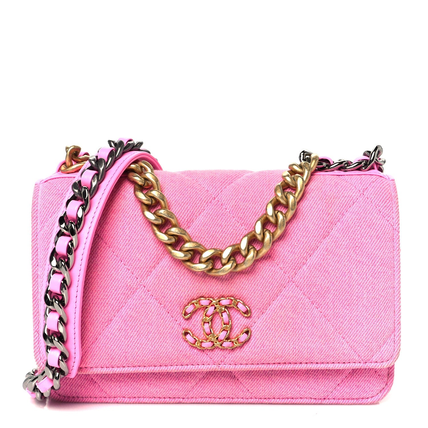 Denim Quilted Chanel 19 Wallet On Chain WOC Neon Pink