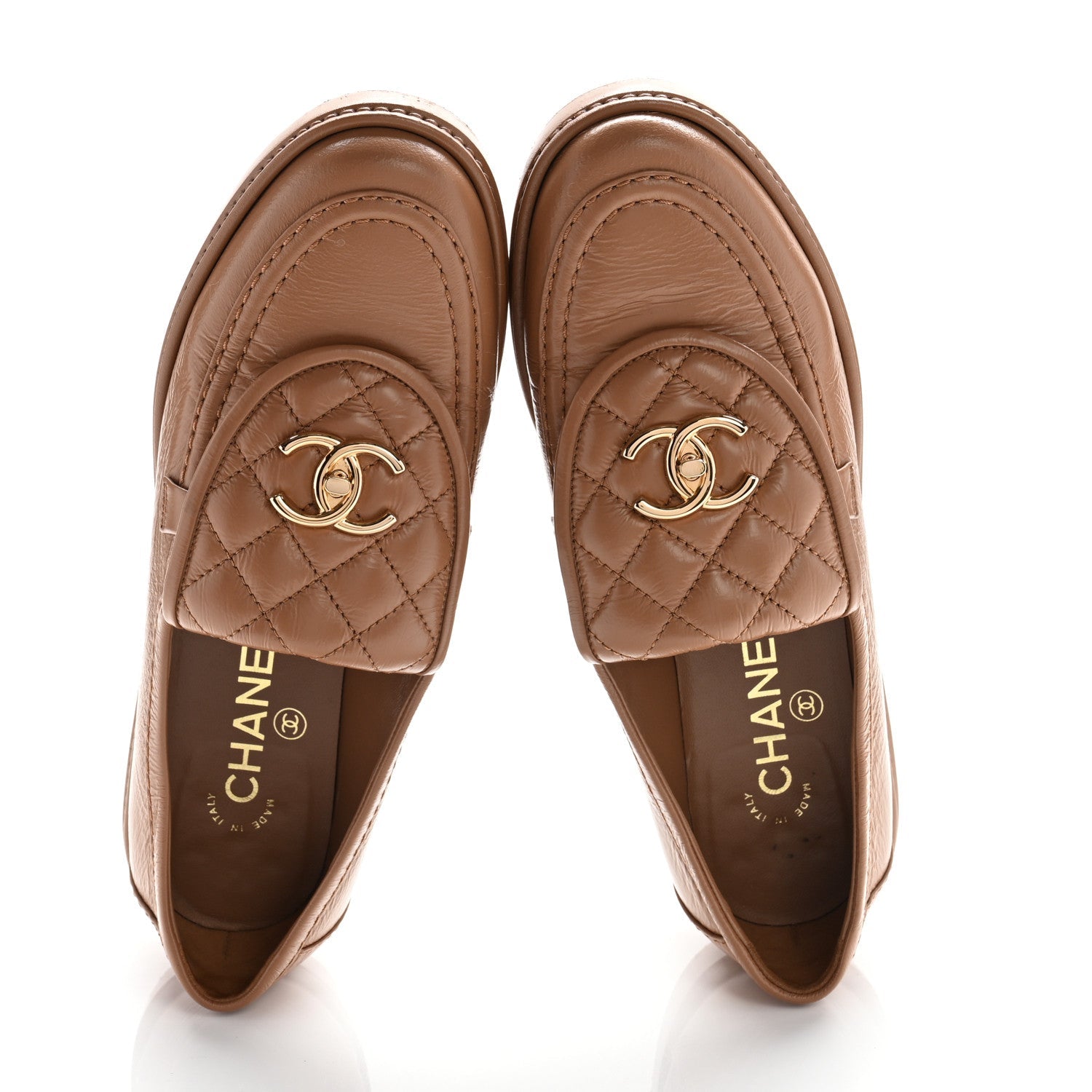 Crumpled Lambskin Quilted CC Turnlock Moccasins 37.5 Dark Beige