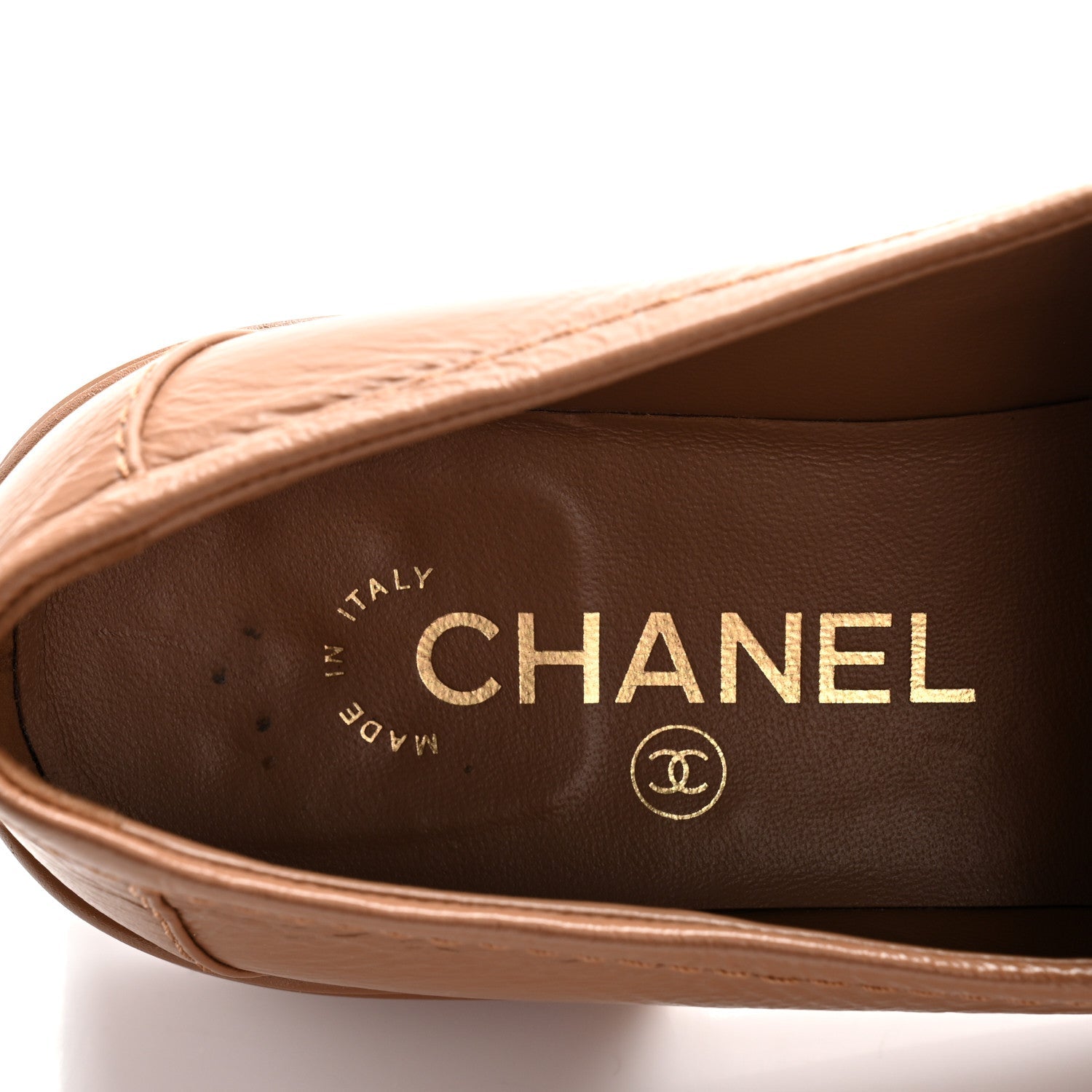 Crumpled Lambskin Quilted CC Turnlock Moccasins 37.5 Dark Beige