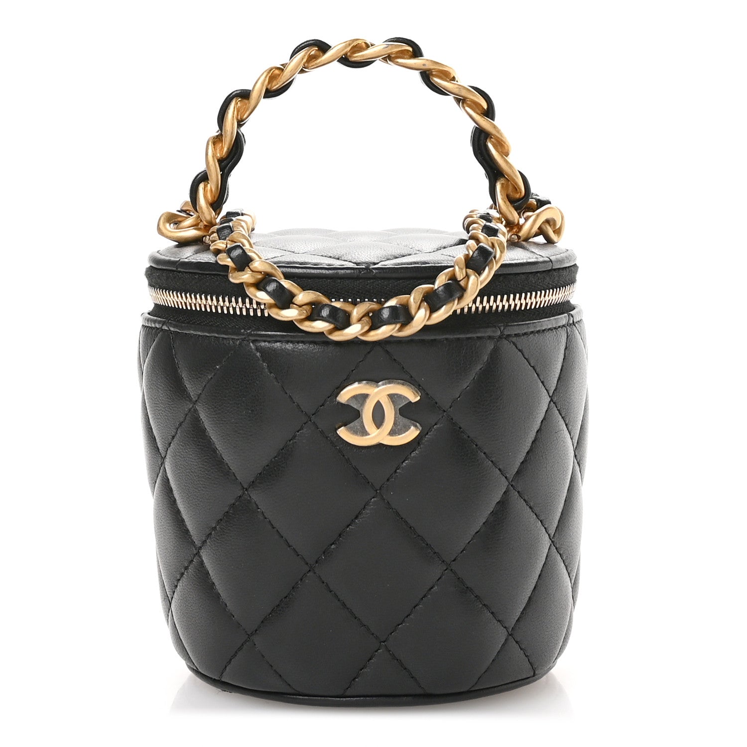 Lambskin Quilted Afternoon Tea Top Handle Vanity Case With Chain Black