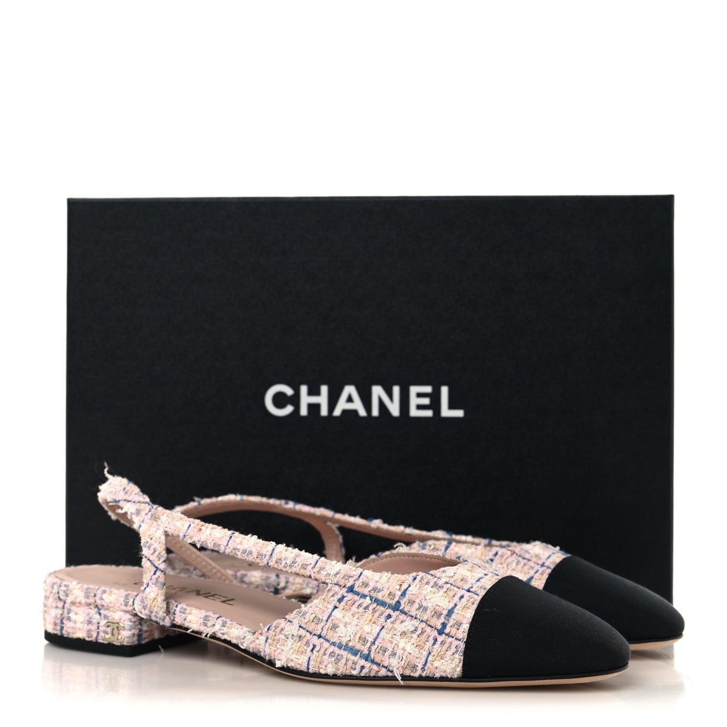 Tweed Grosgrain Cap Toe CC Slingback Flat 37.5 Pink Multicolor