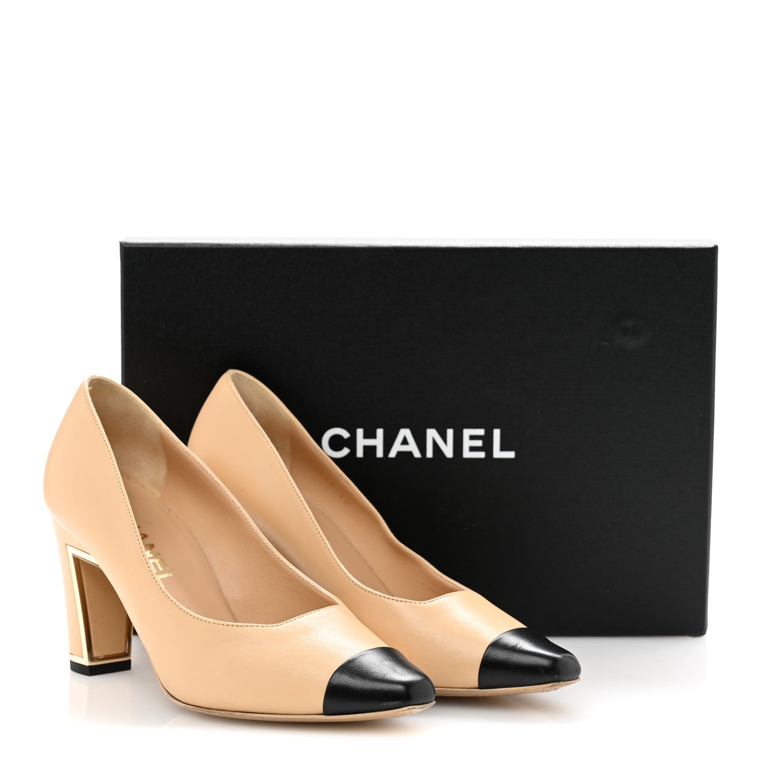 Lambskin Cap Toe Metal Heel Pumps 37.5 Beige Black