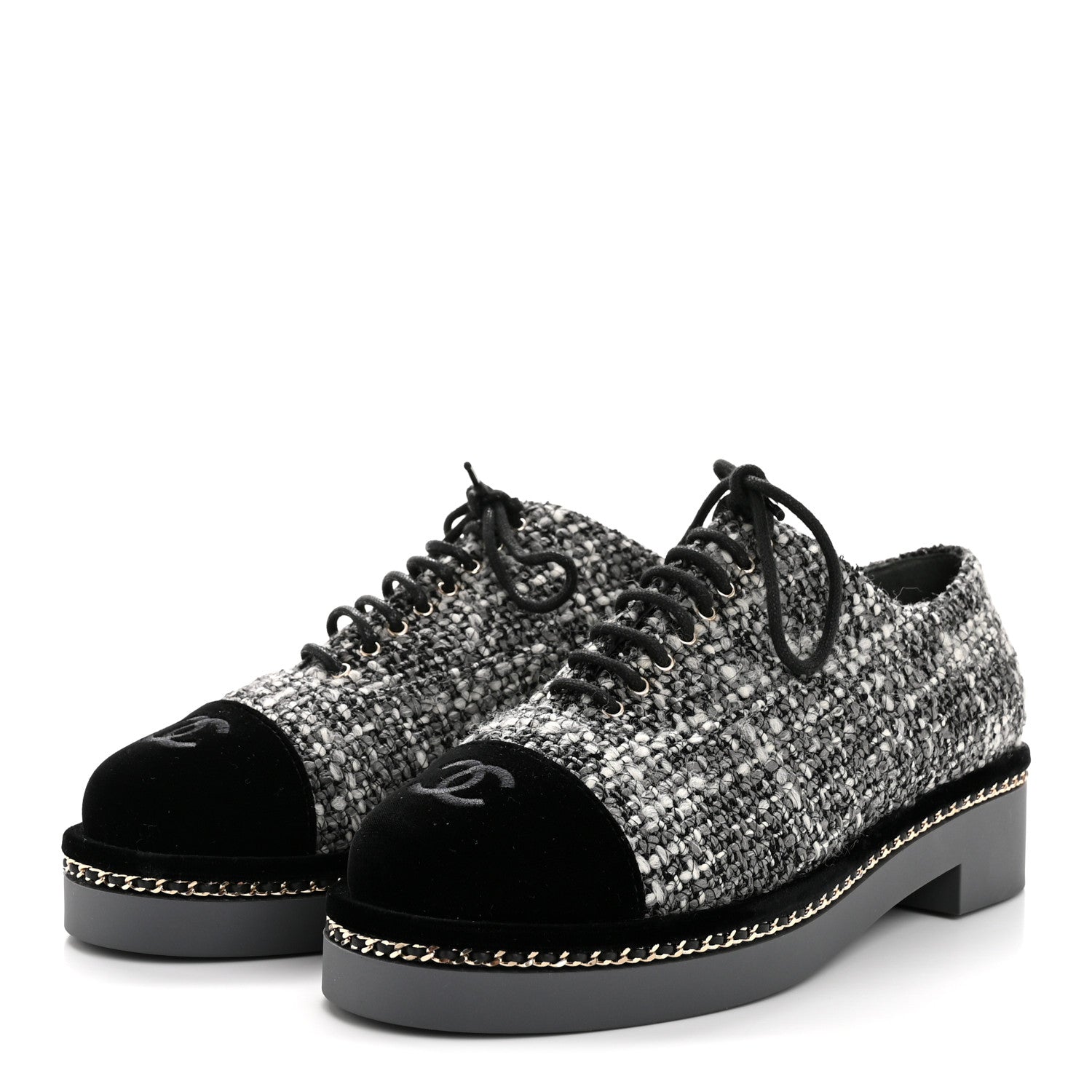 Tweed Suede CC Lace Up Oxfords 38.5 Grey Black