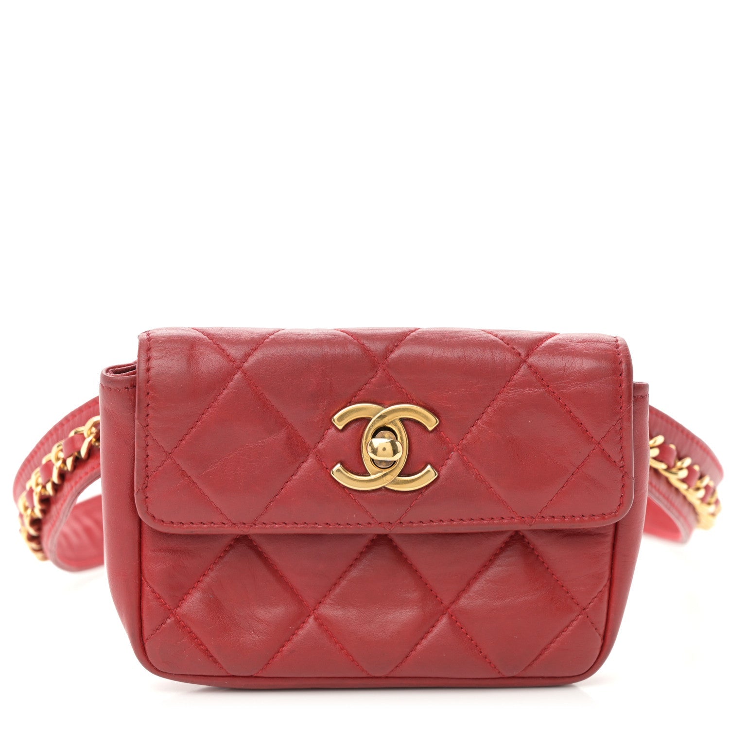 Lambskin Quilted Waist Chain Belt Flap Bag Red