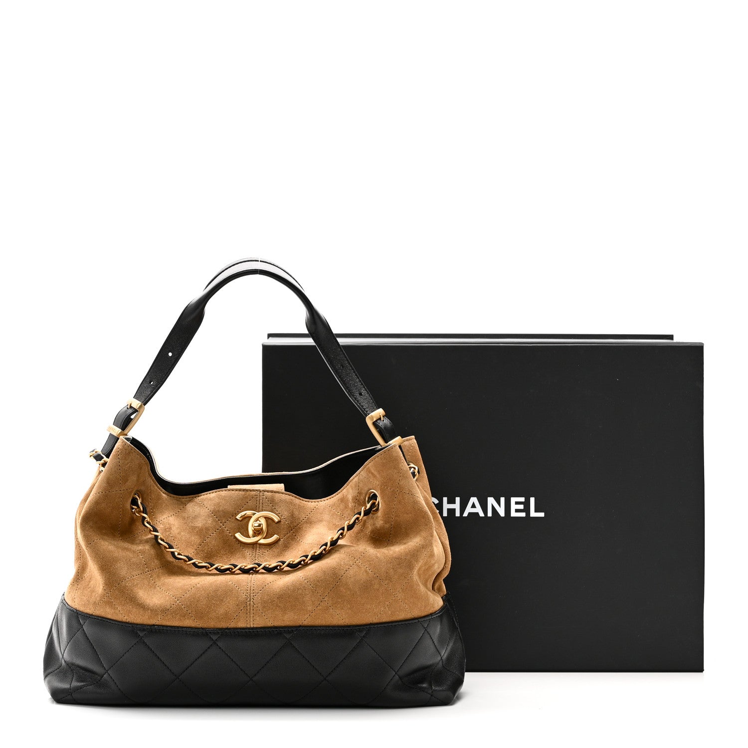 Suede Calfskin Shiny Lambskin Quilted Small Shopping Bag Beige Black