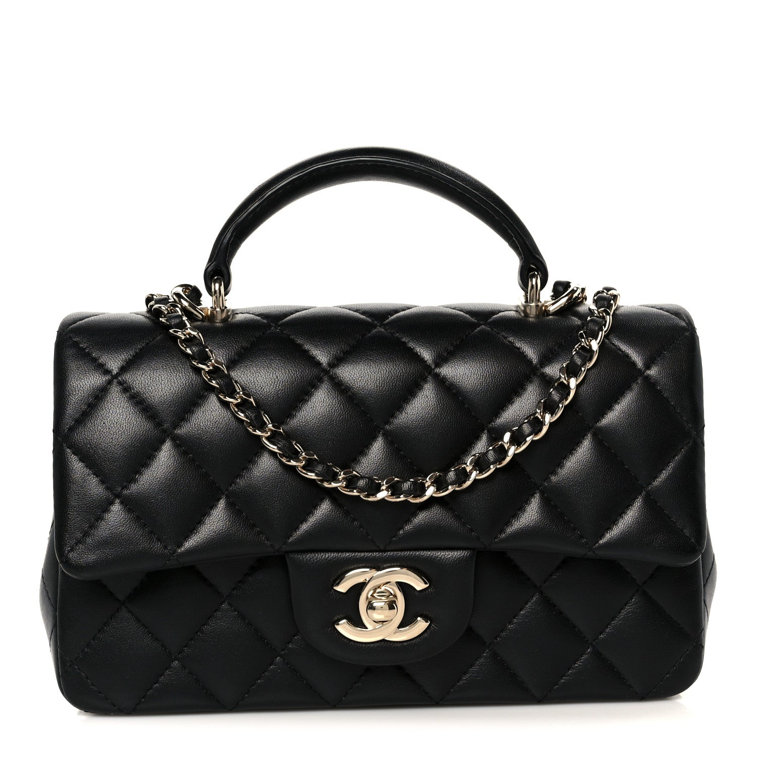 Lambskin Quilted Mini Top Handle Rectangular Flap Black