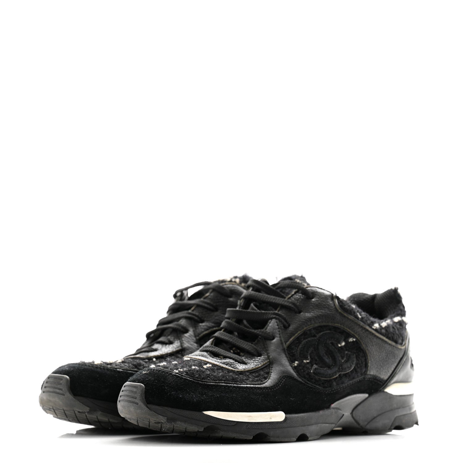 Tweed Suede Goatskin CC Sneakers 38 Black White