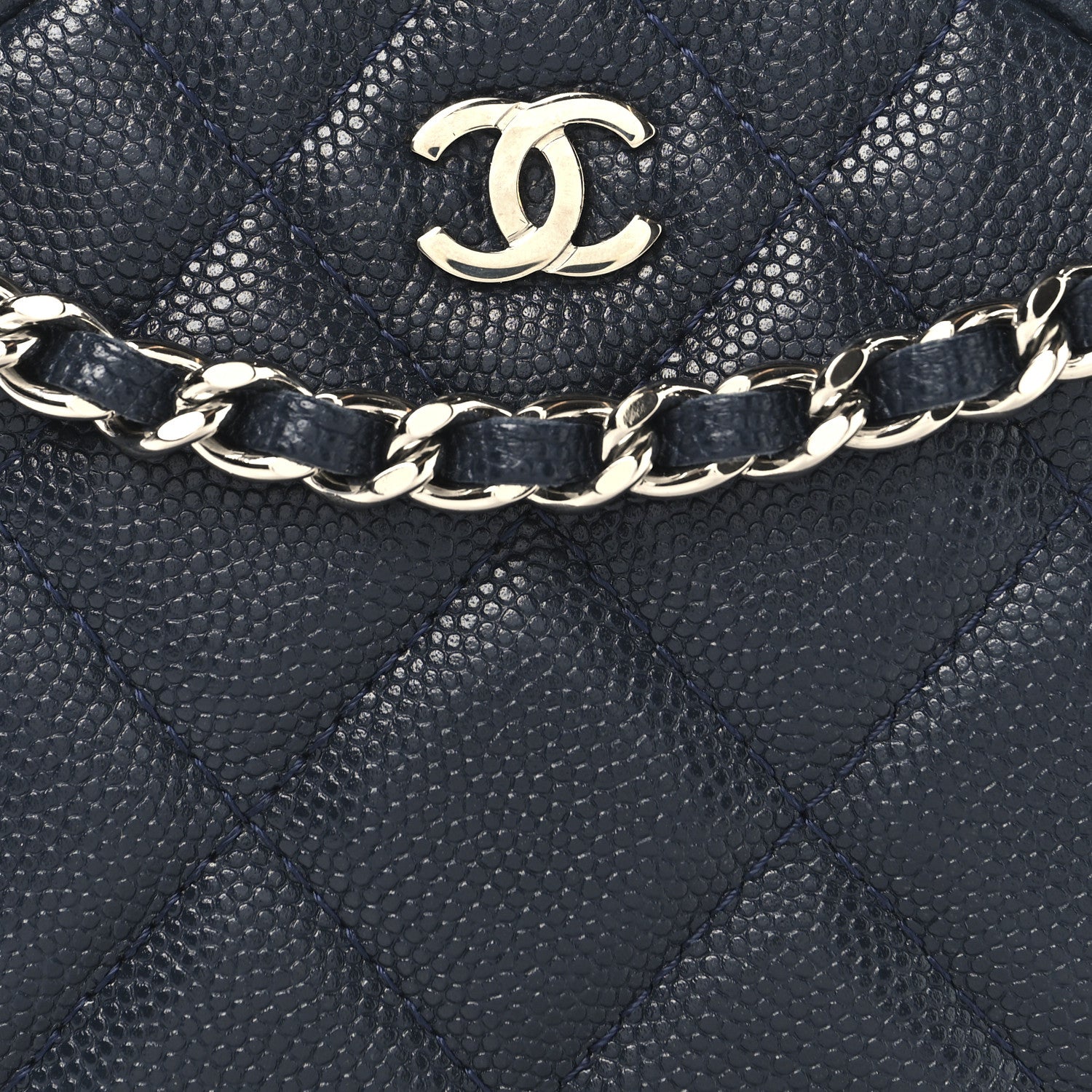 Caviar Quilted Round Clutch With Chain Navy