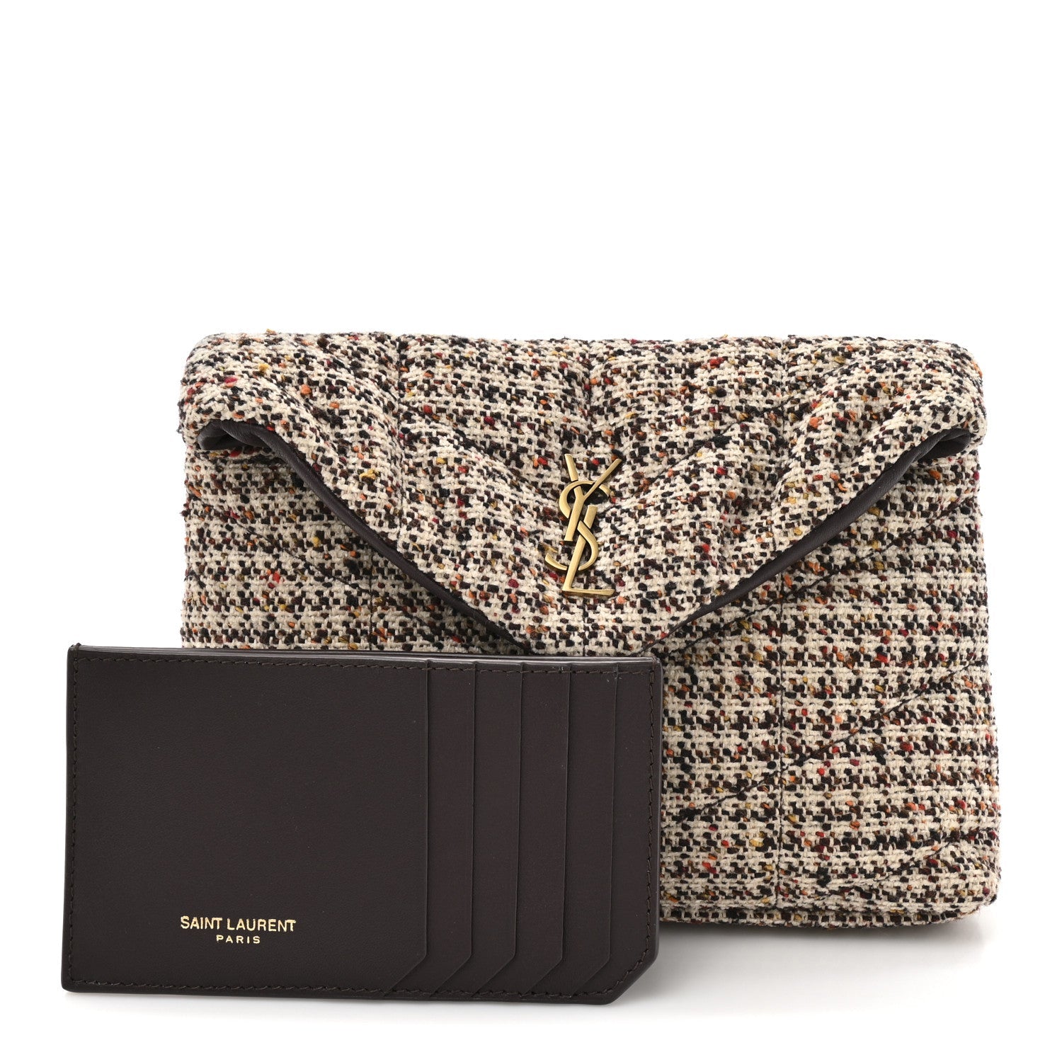 Tweed Quilted Loulou Puffer Monogram Pouch Clutch Beige Umber Multicolor