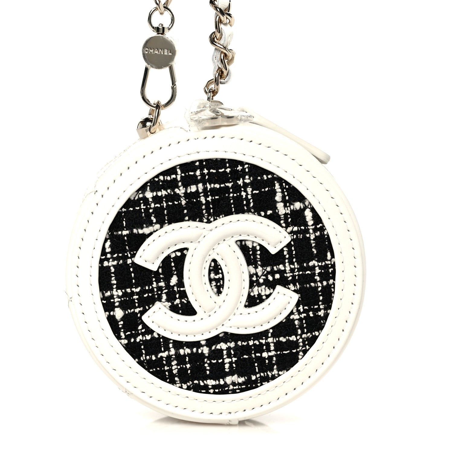 Tweed Quilted Round Filigree Pouch With Chain White Black