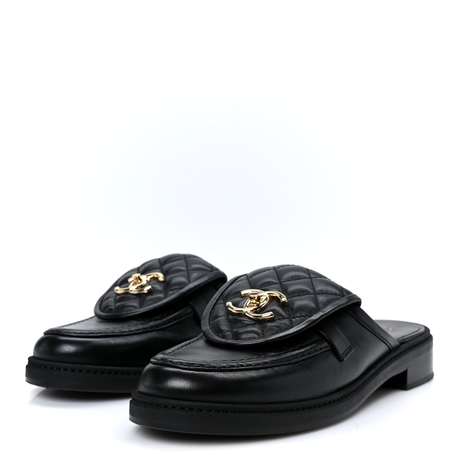 Lambskin Quilted CC Turnlock Mules 38.5 Black