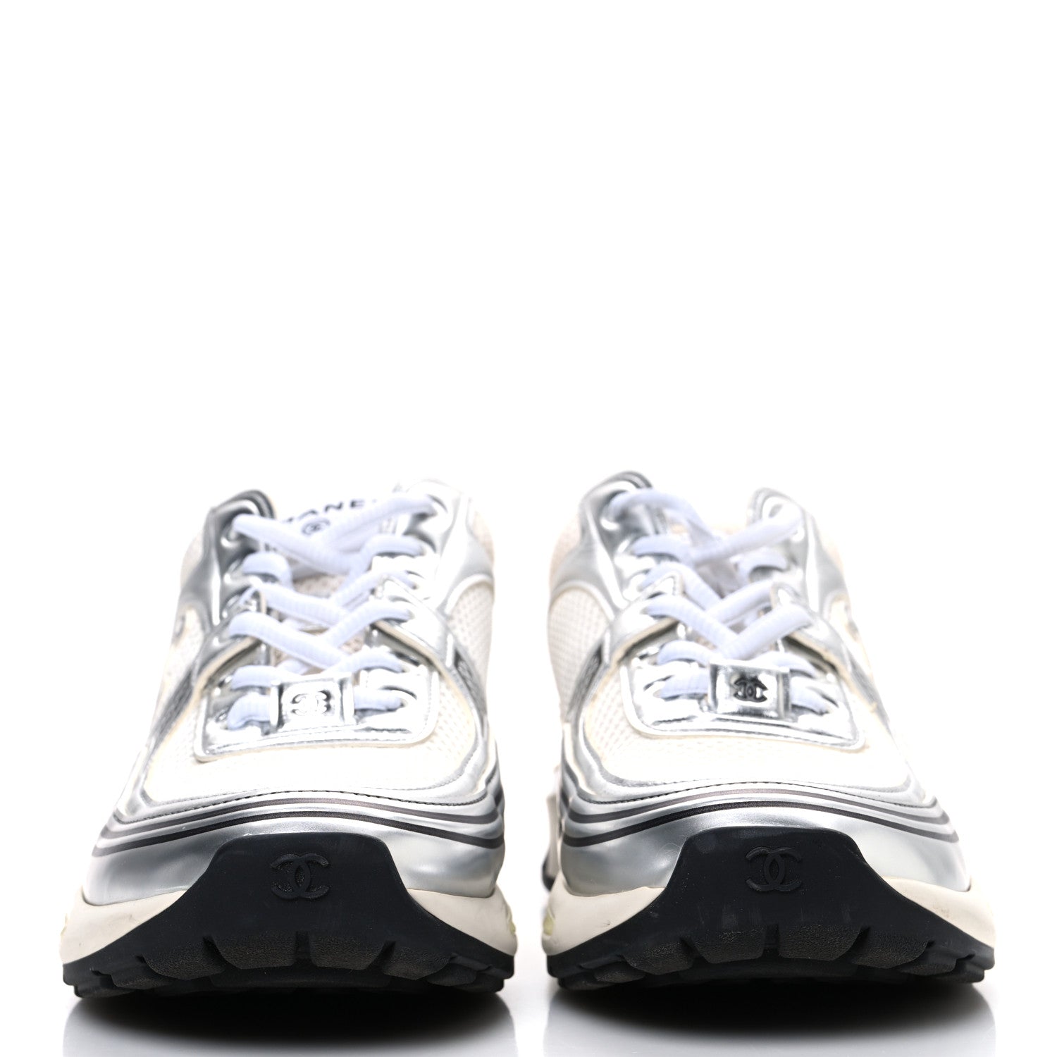 Fabric Laminated Calfskin Stretch CC Womens Sneakers 40 White Silver