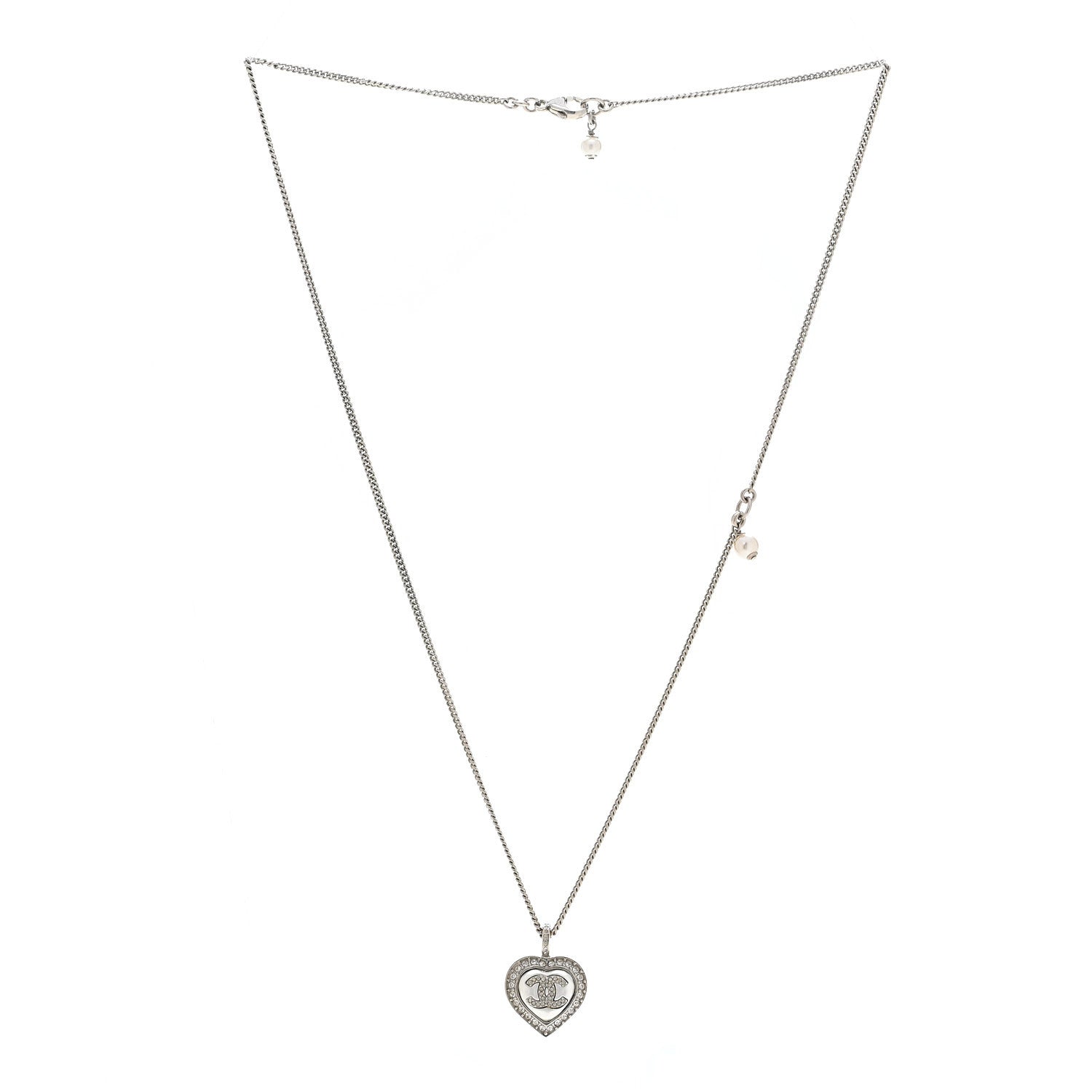 Crystal Pearl CC Heart Necklace Silver