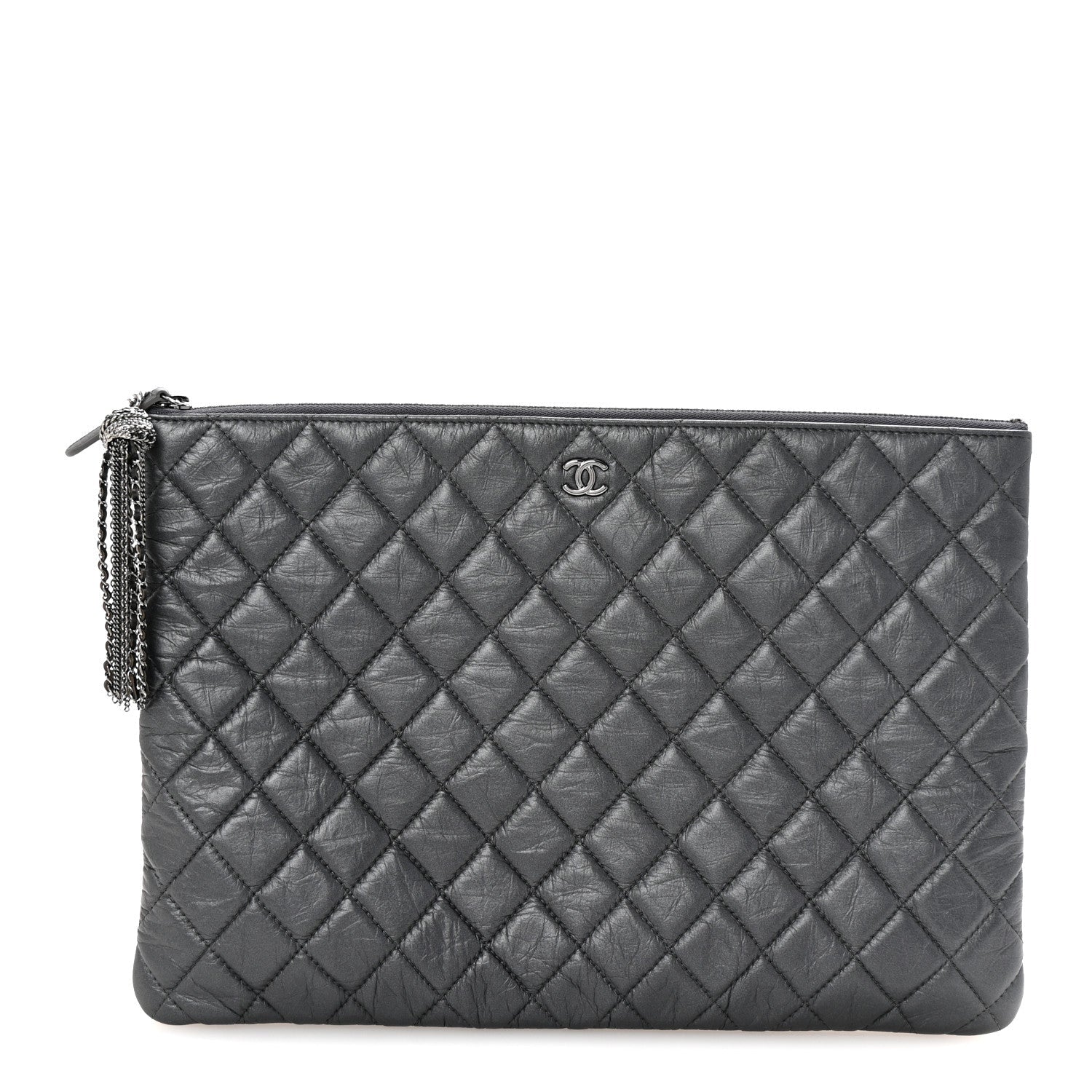 Aged Calfskin Quilted Large Tassel Cosmetic Case Dark Grey