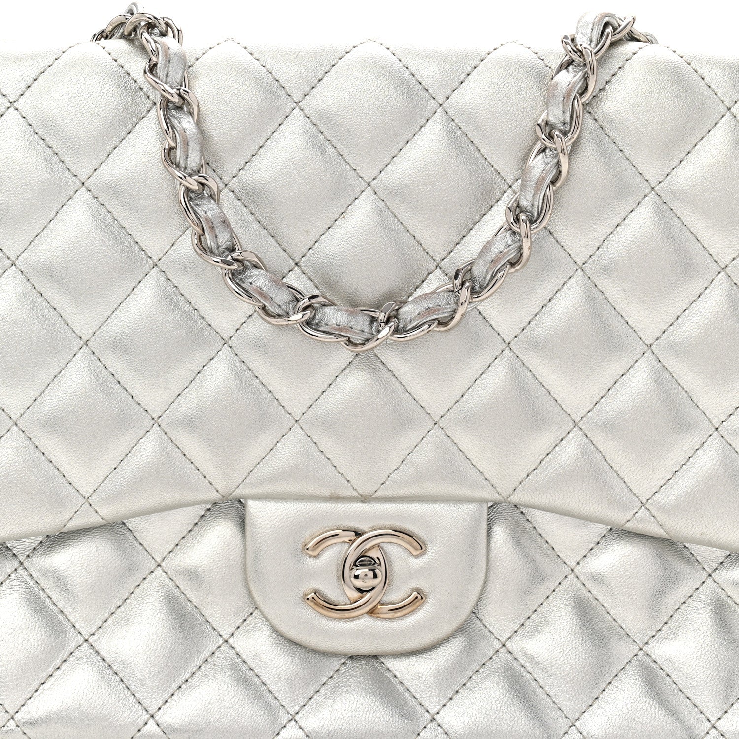 Metallic Lambskin Quilted Jumbo Single Flap Silver
