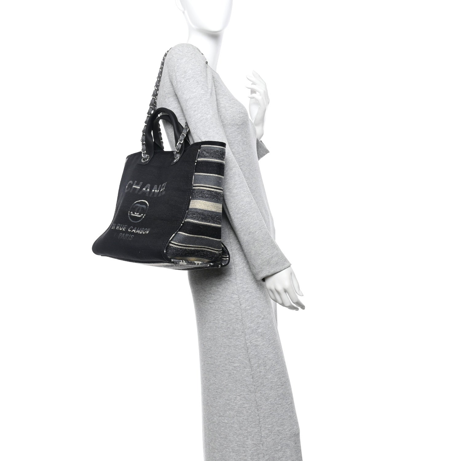 Striped Canvas Medium Deauville Tote Grey Black
