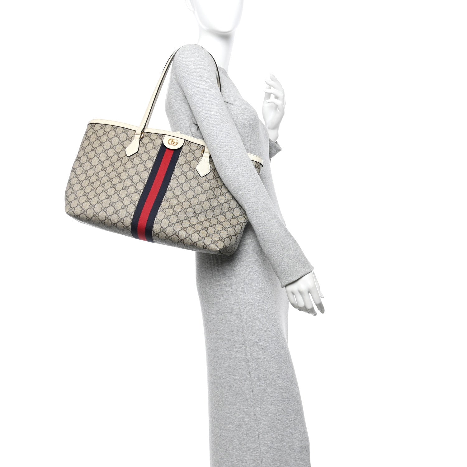 GG Supreme Monogram Textured Dollar Calfskin Web Medium Ophidia Shopping Tote Beige Ebony Mystic White