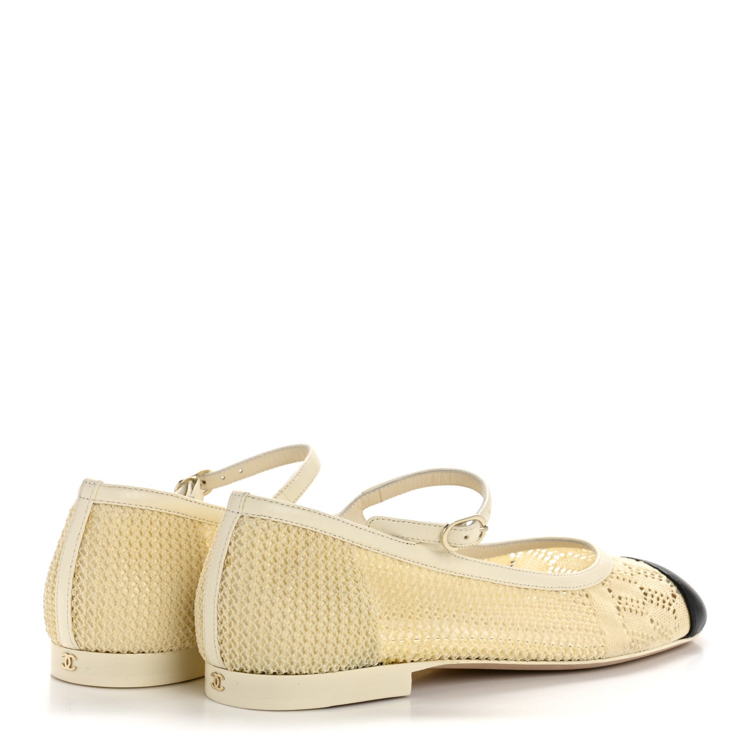 Crochet Lambskin Cap Toe Mary Jane Flats 38 Natural Beige Black
