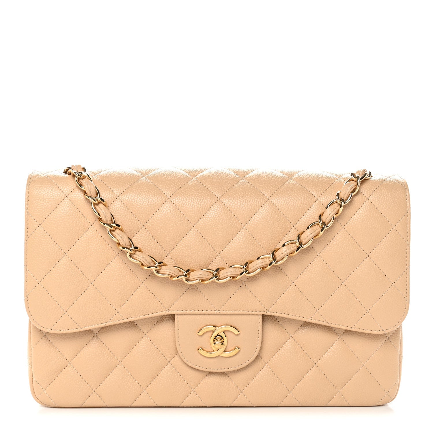 Caviar Quilted Jumbo Double Flap Light Beige
