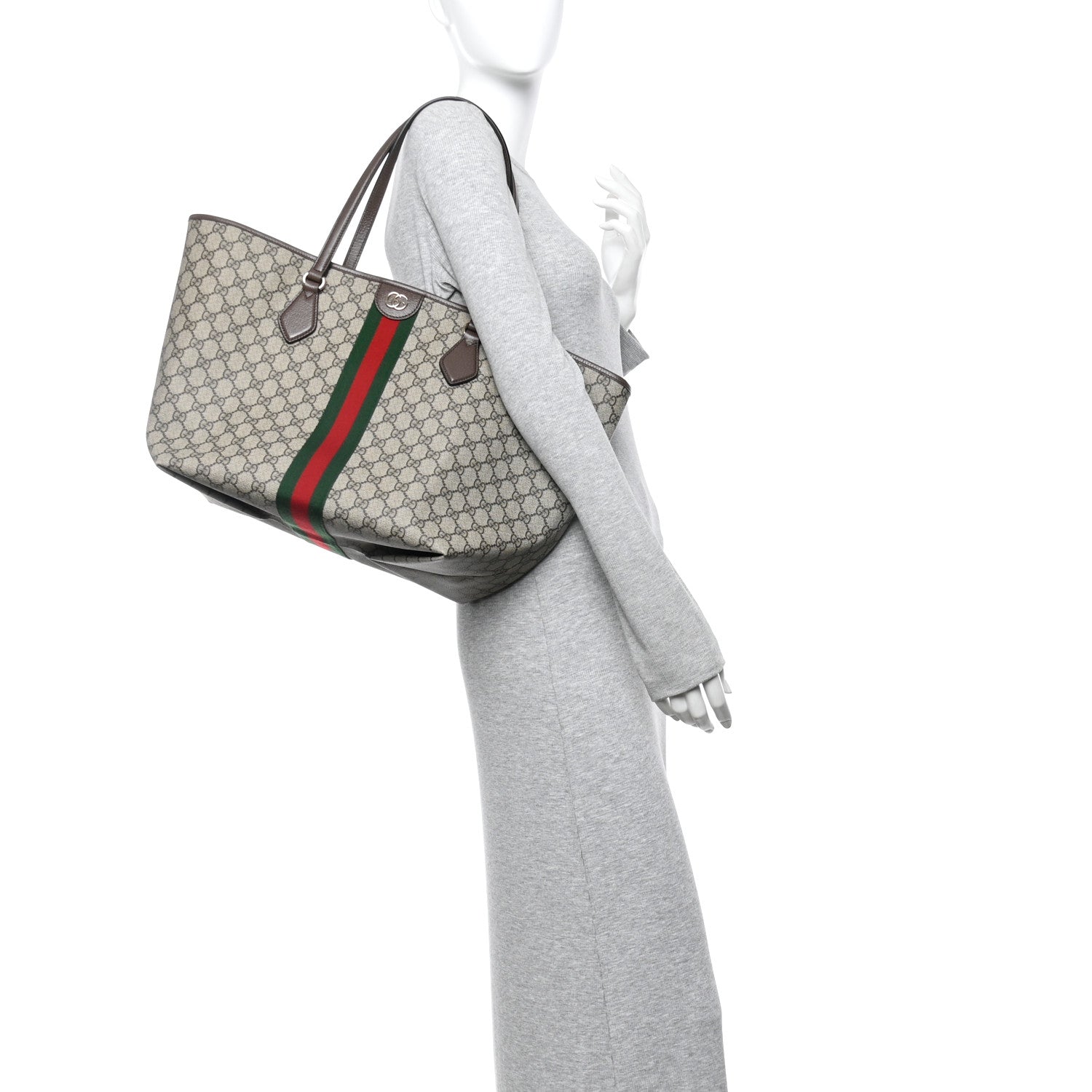 GG Supreme Monogram Calfskin Web Large Ophidia Tote Beige Dark Brown