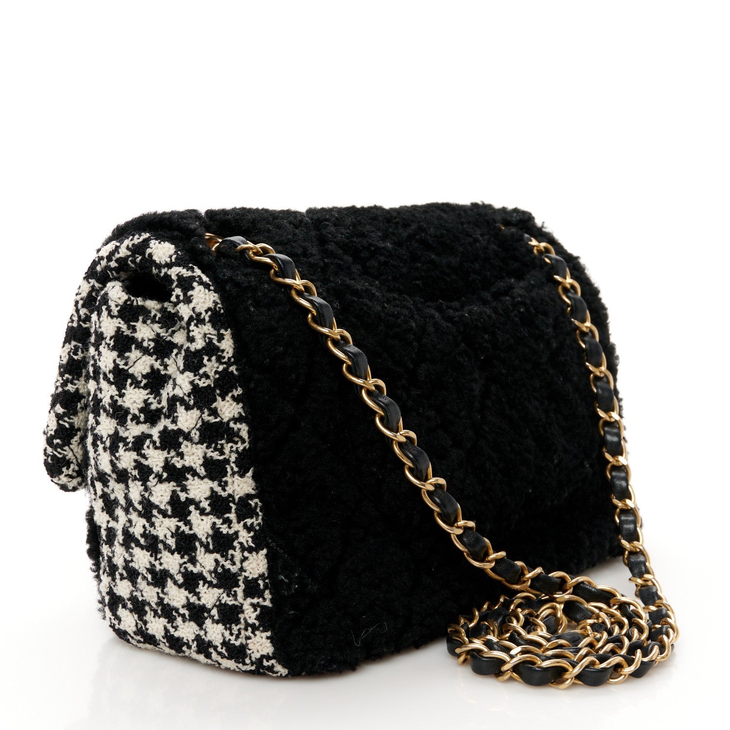 Shearling Sheepskin Tweed Quilted Single Flap Black