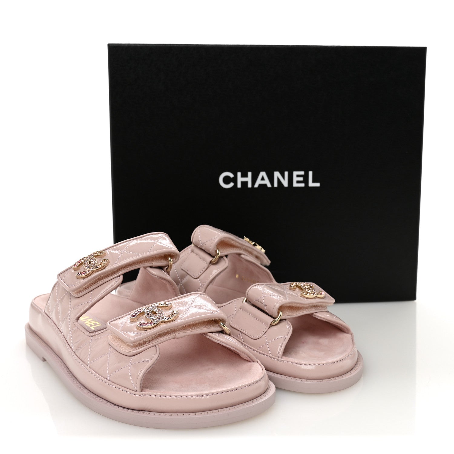 Shiny Calfskin Quilted Velcro Dad Crystal CC Slide Sandals 37 Light Pink