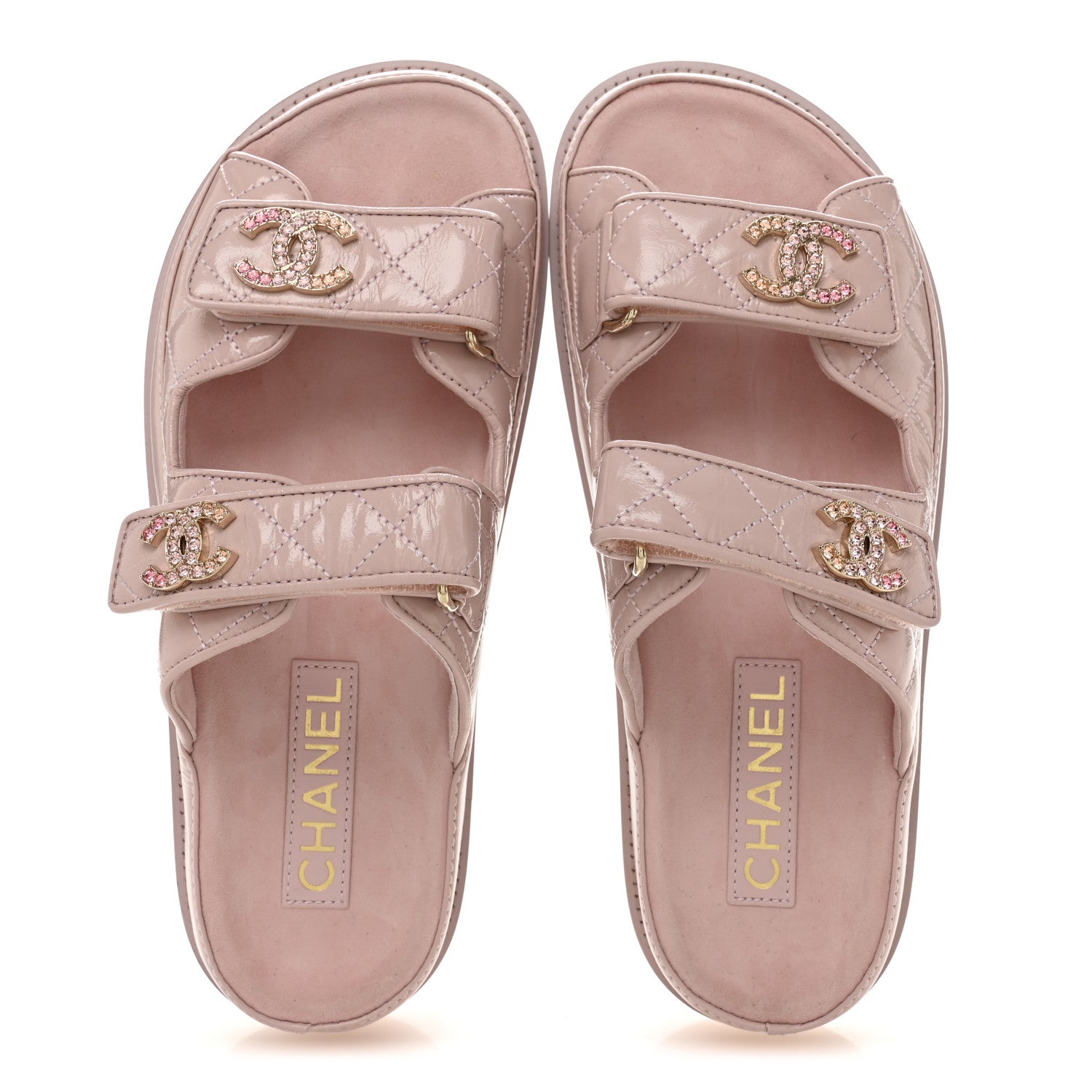 Shiny Calfskin Quilted Velcro Dad Crystal CC Slide Sandals 37 Light Pink