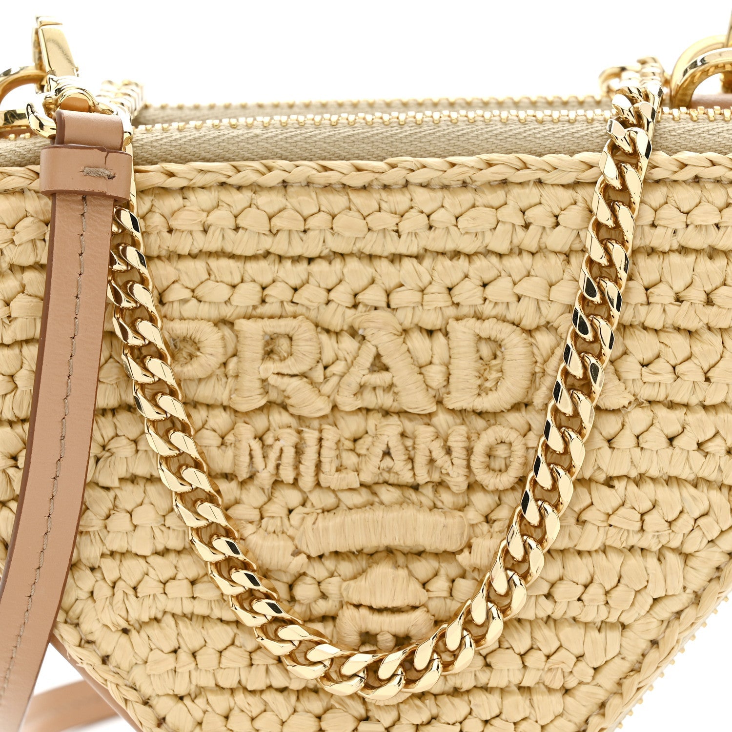 Raffia Calfskin Crochet Logo Embroidered Mini Triangle Crossbody Pouch Naturale