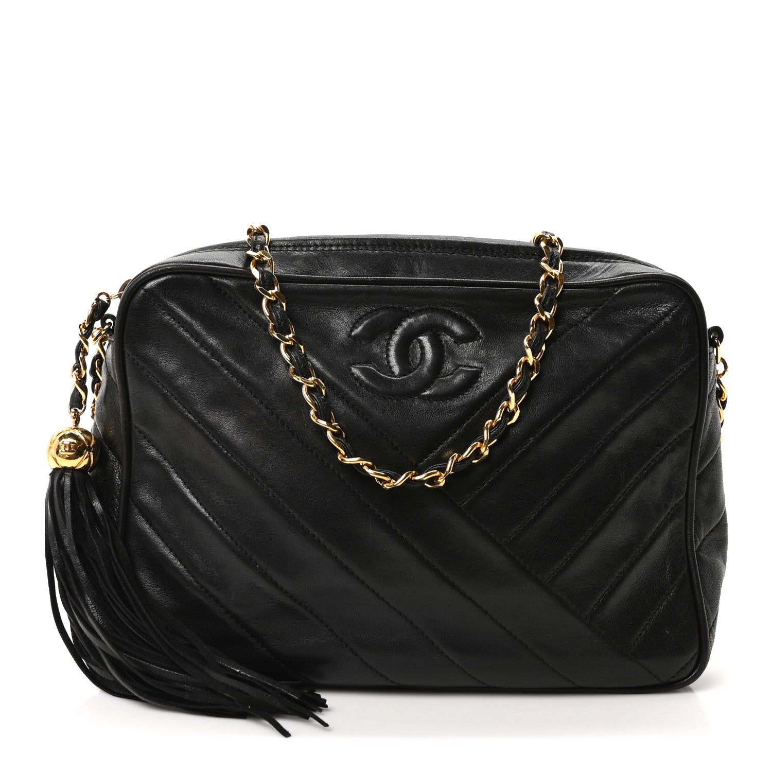 Lambskin Chevron Quilted Tassel Camera Case Black