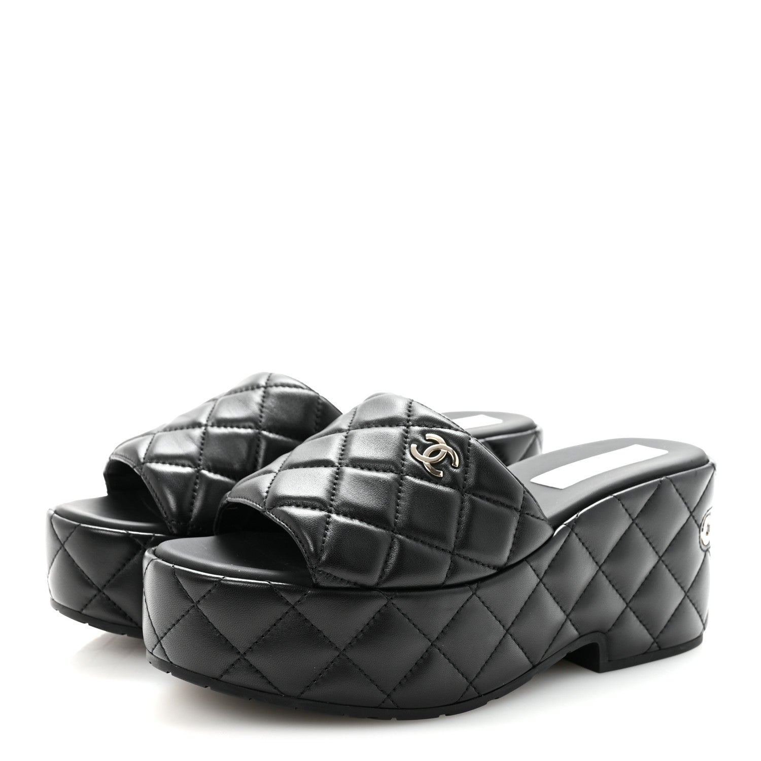 Lambskin Quilted CC Mules Wedge Sandals 39 Black