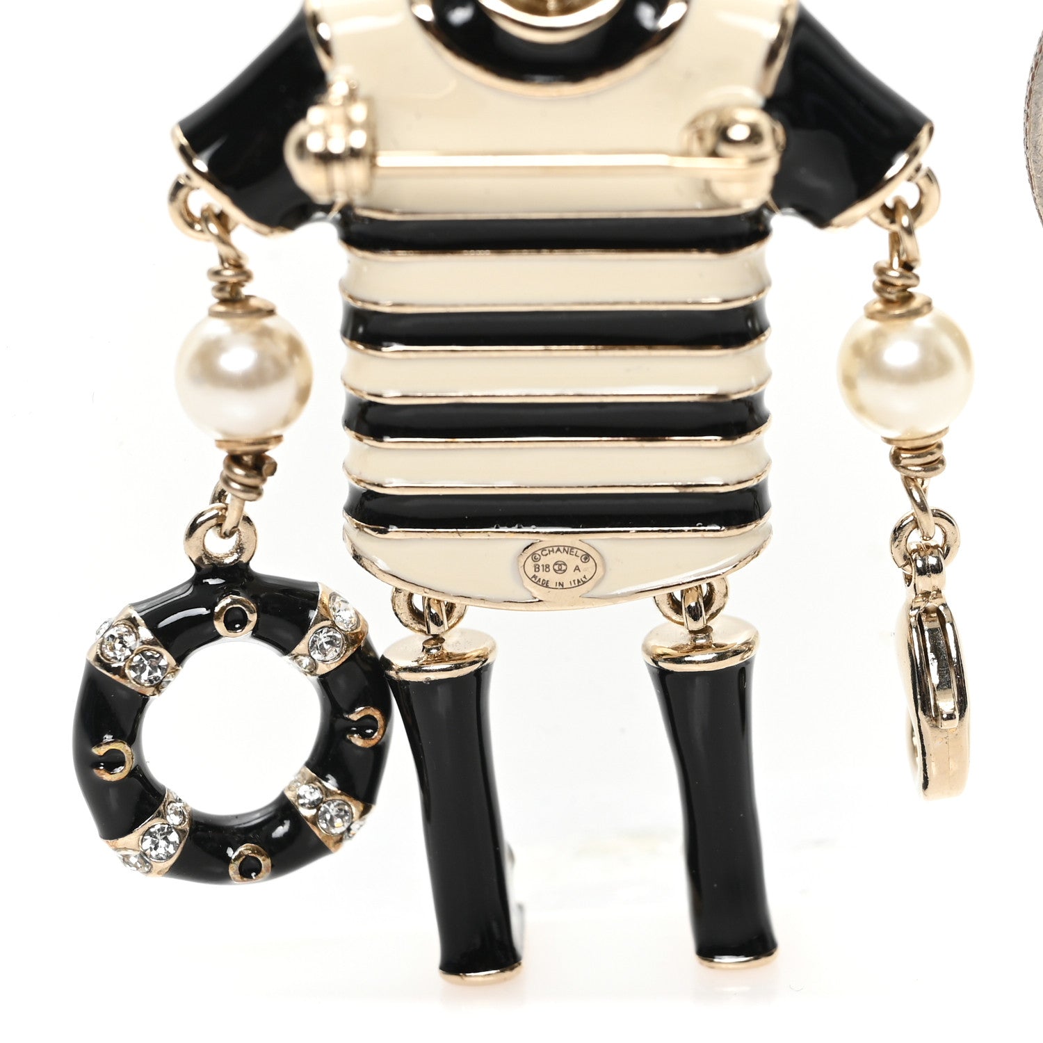 Enamel Crystal Pearl CC Sailor Brooch Black White