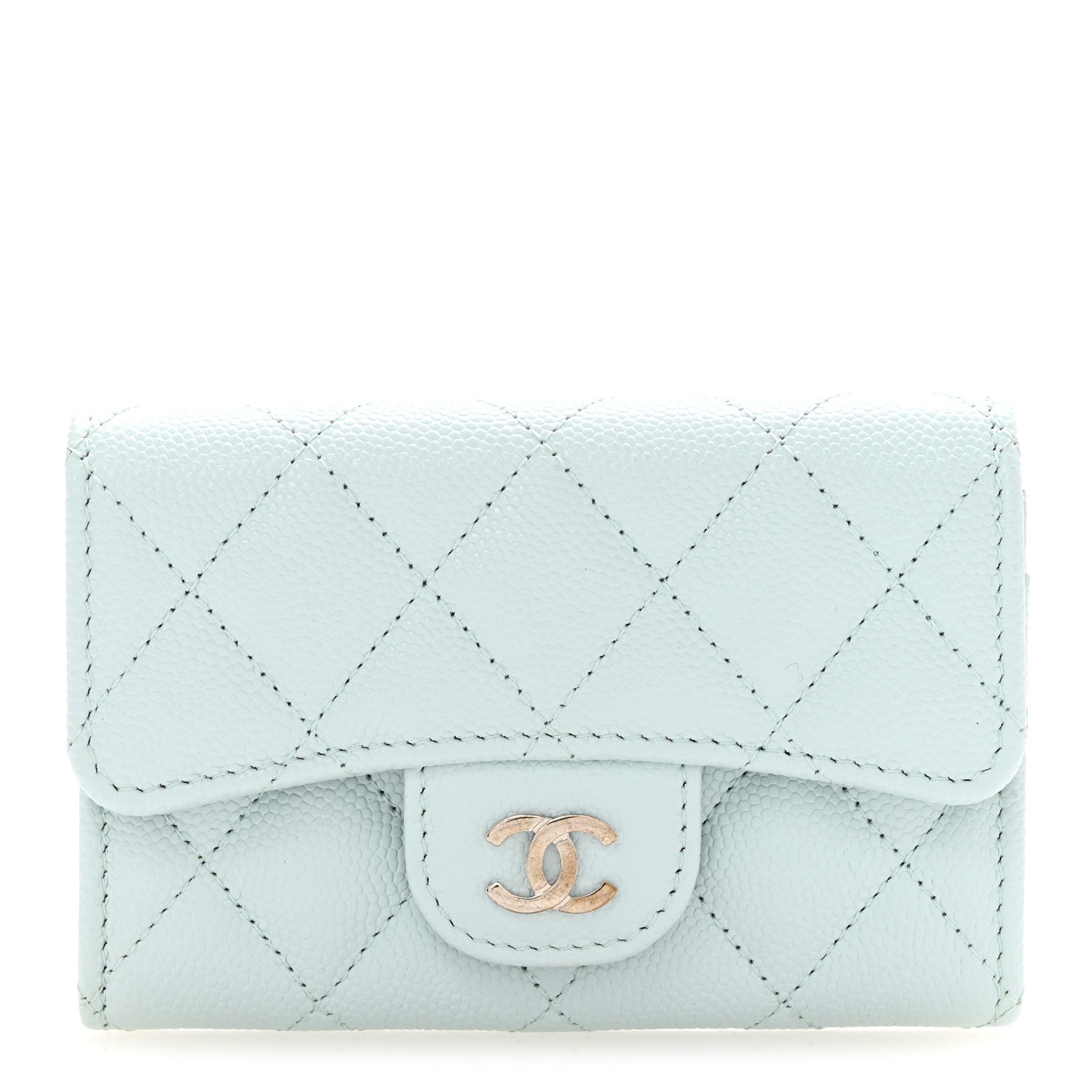 Caviar Quilted Flap Card Holder Wallet Light Blue