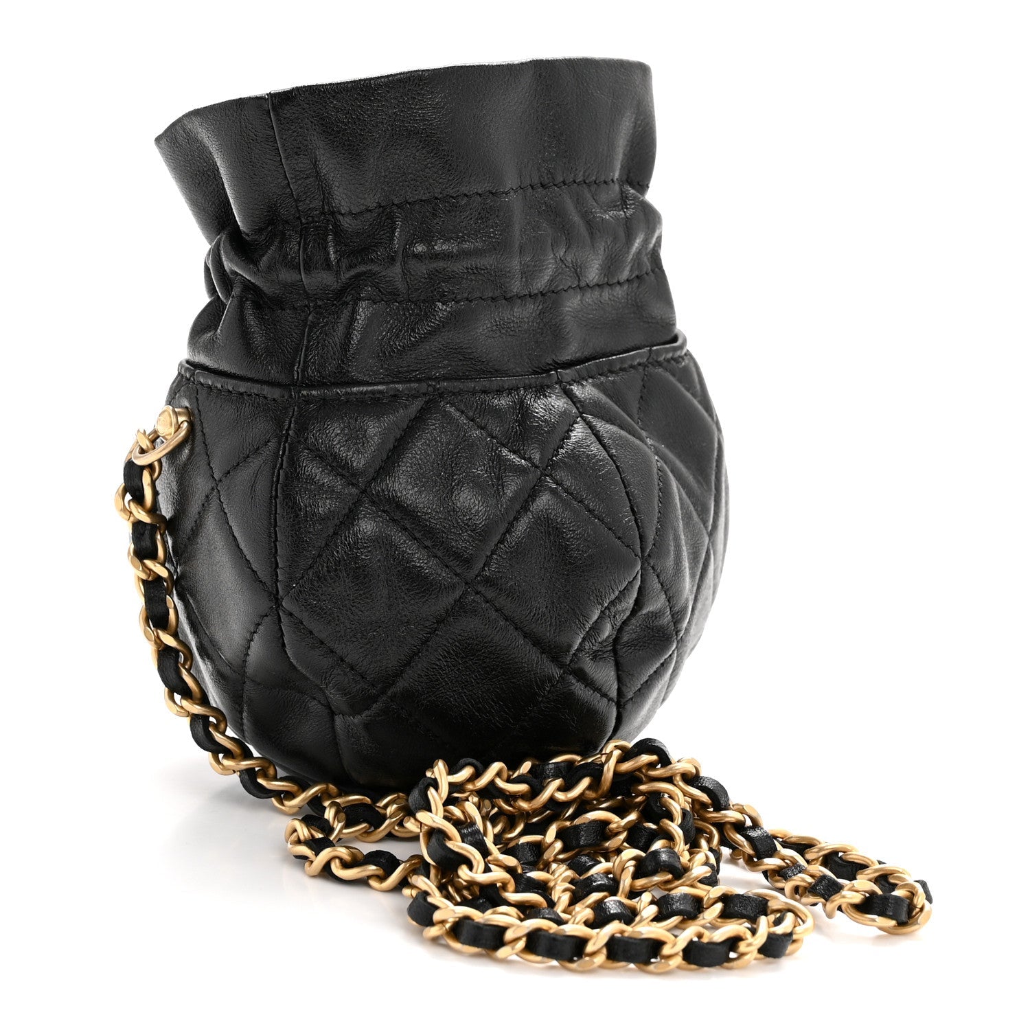 Shiny Lambskin Quilted Mini Drawstring CC Bucket Bag Black