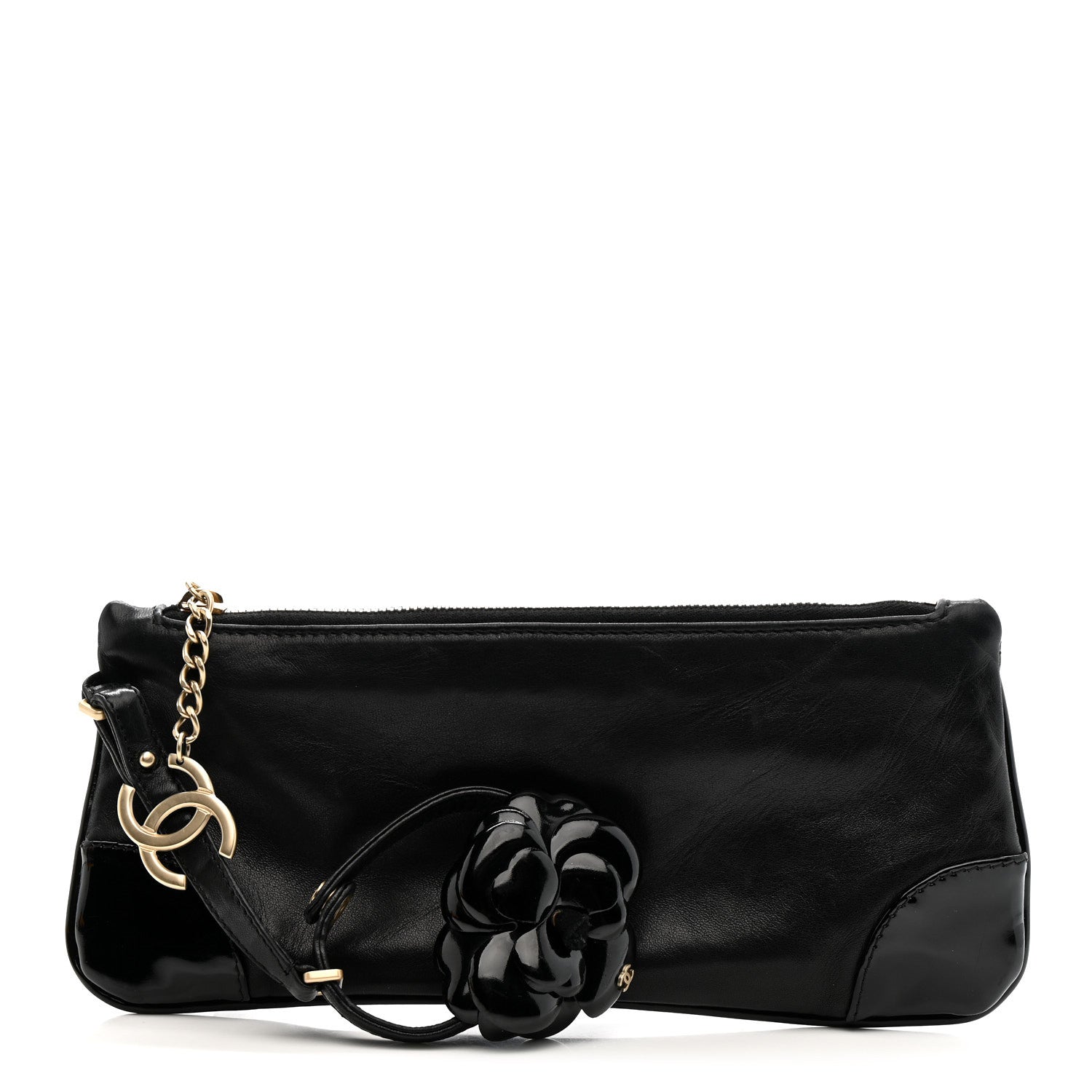 Lambskin Patent Camellia Wristlet Black