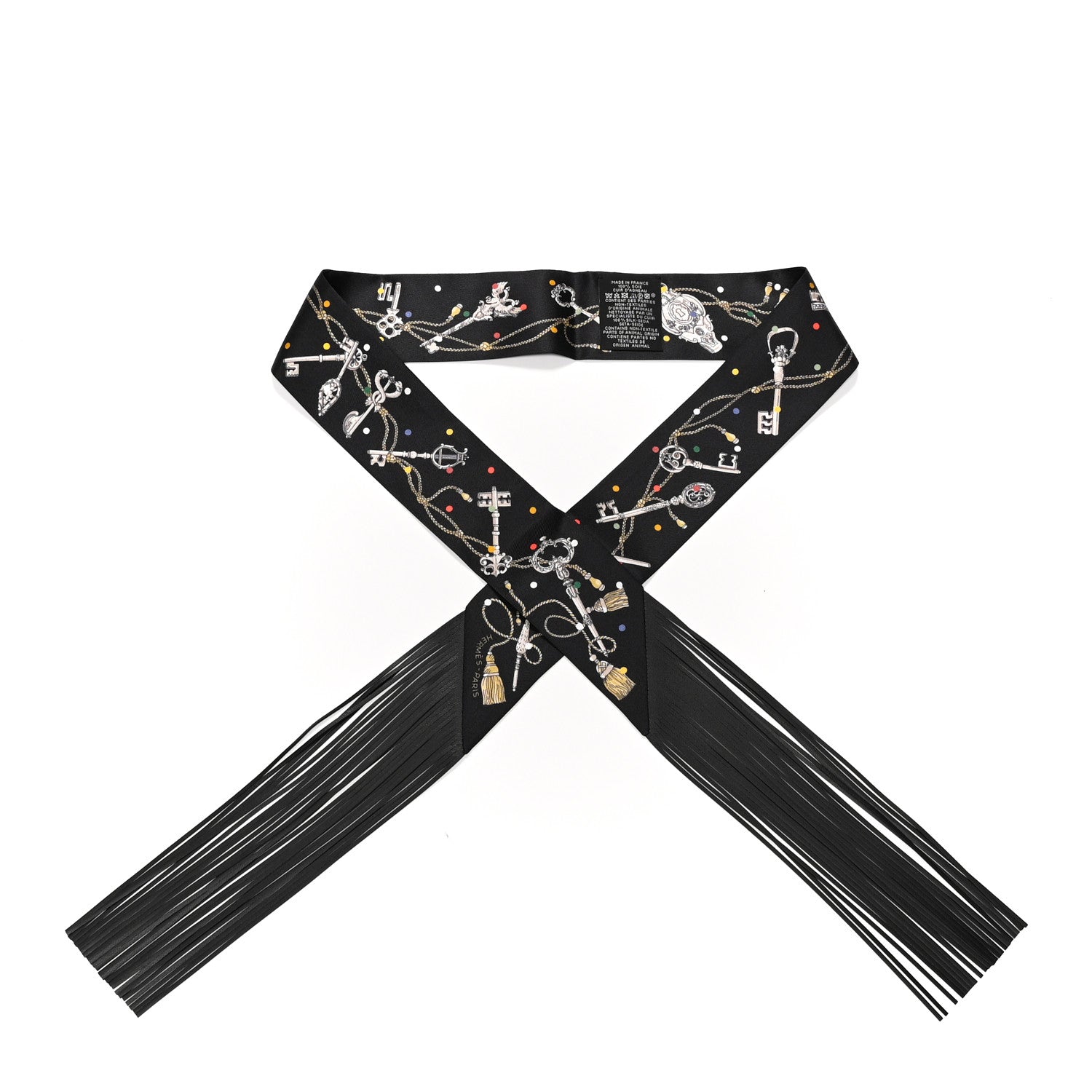 Silk Calfskin Les Cles A Pois Fringed Twilly Black Mordore White