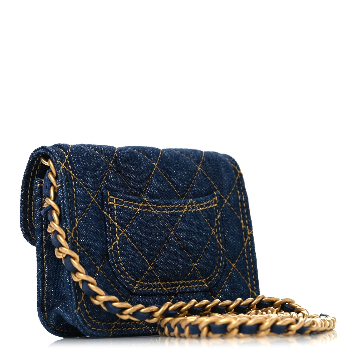 Denim Quilted Double You Card Holder On Chain Blue