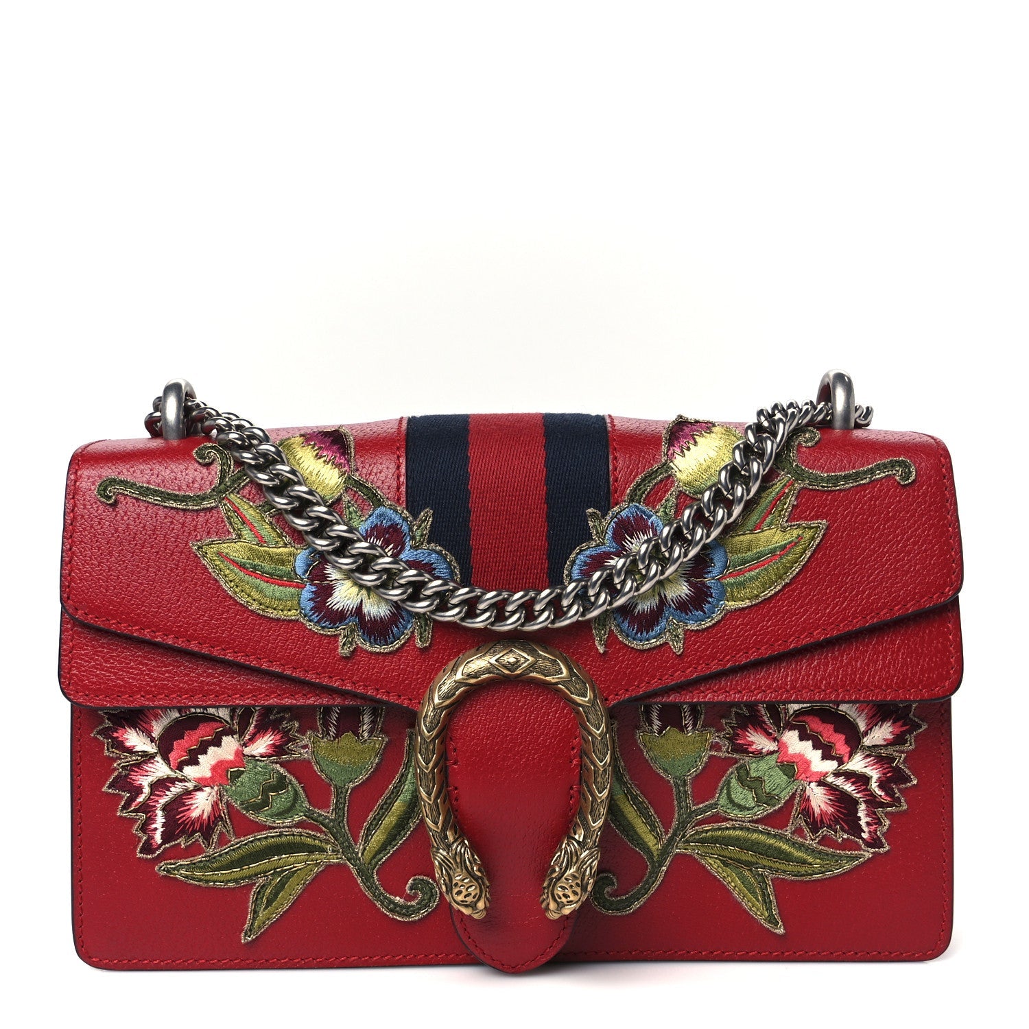Calfskin Web Floral Embroidered Small Dionysus Shoulder Bag Hibiscus Red