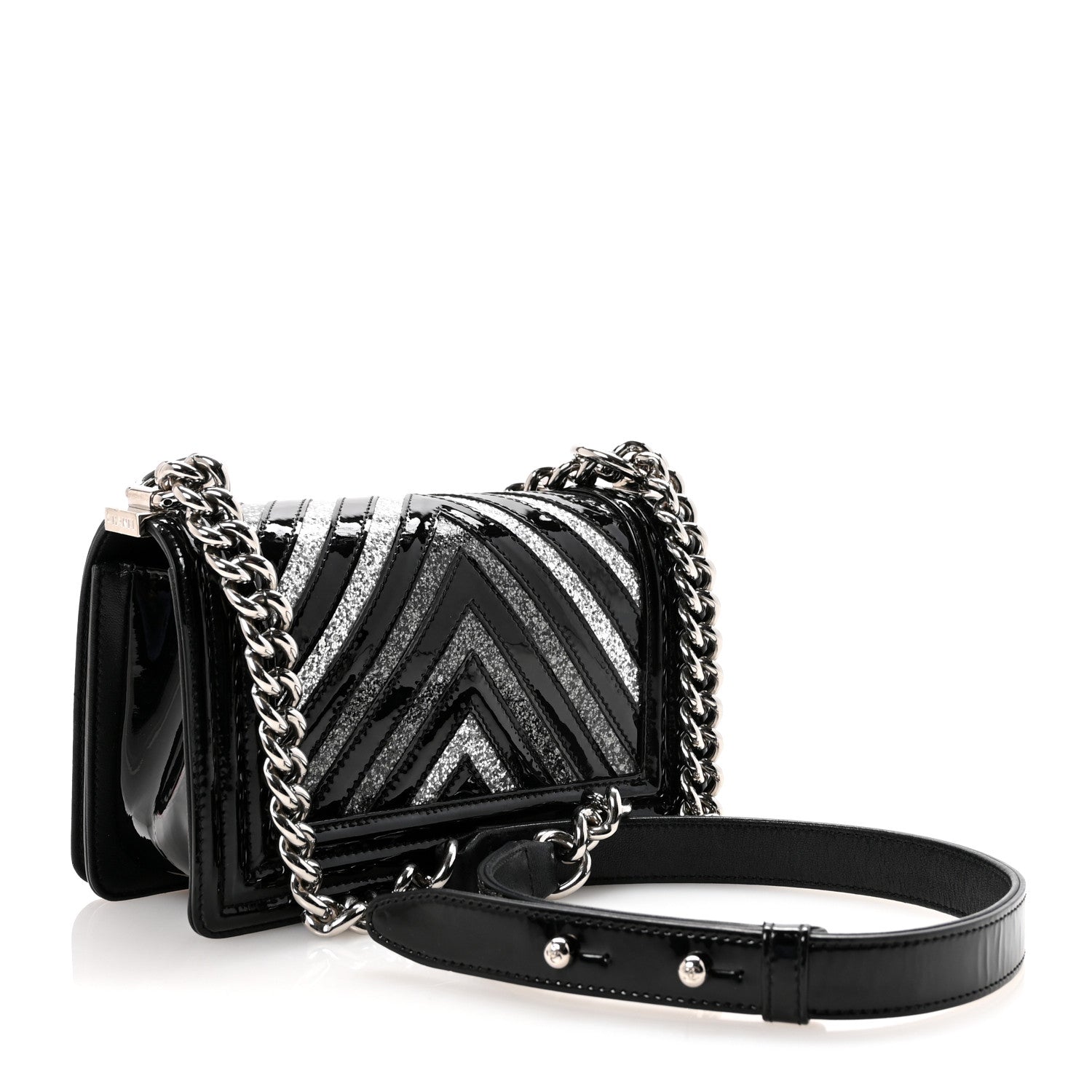 Patent Glitter PVC Chevron Quilted Small Boy Flap Black Silver