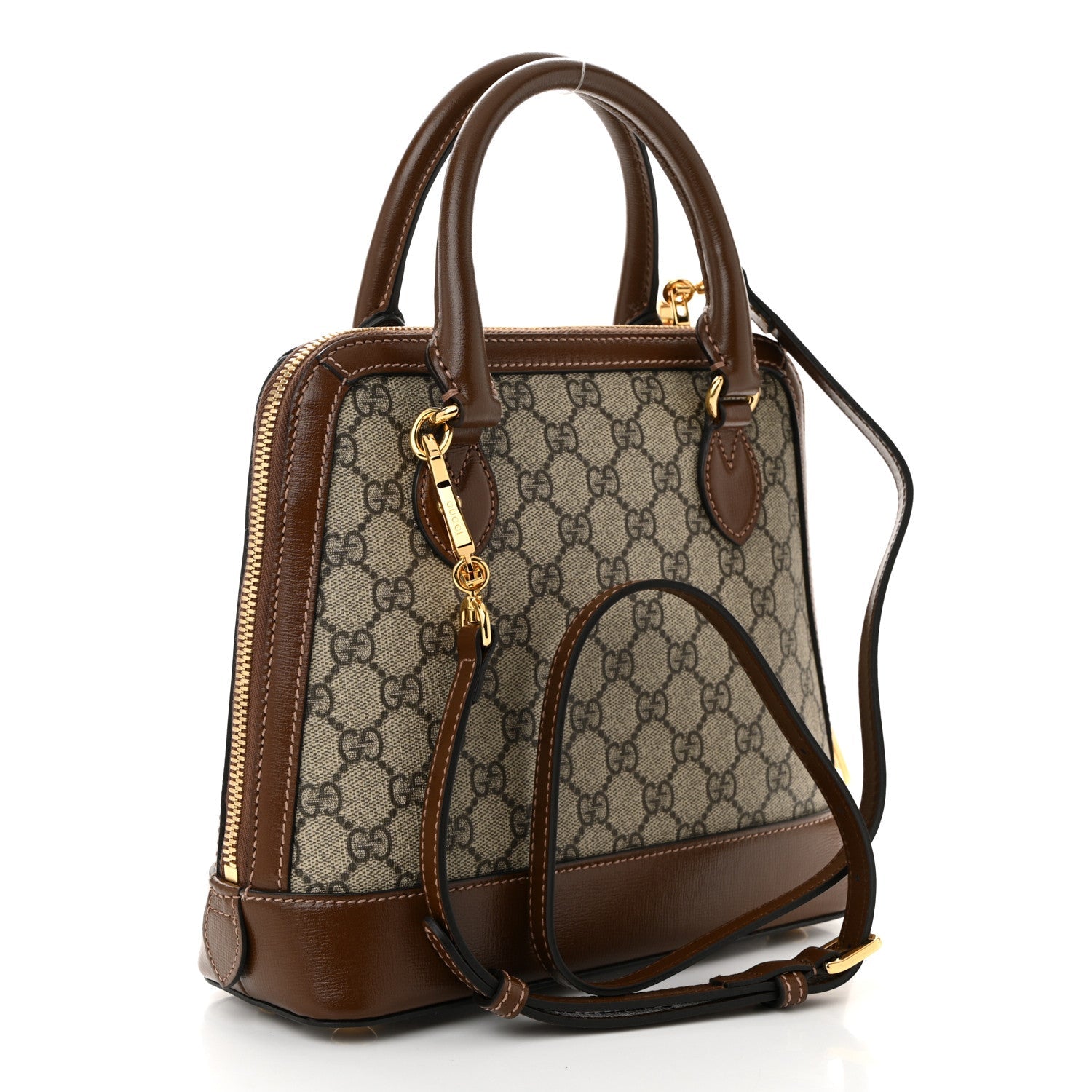 GG Supreme Monogram Azalea Calfskin Small Horsebit 1955 Top Handle Bag Beige Ebony Brown Sugar
