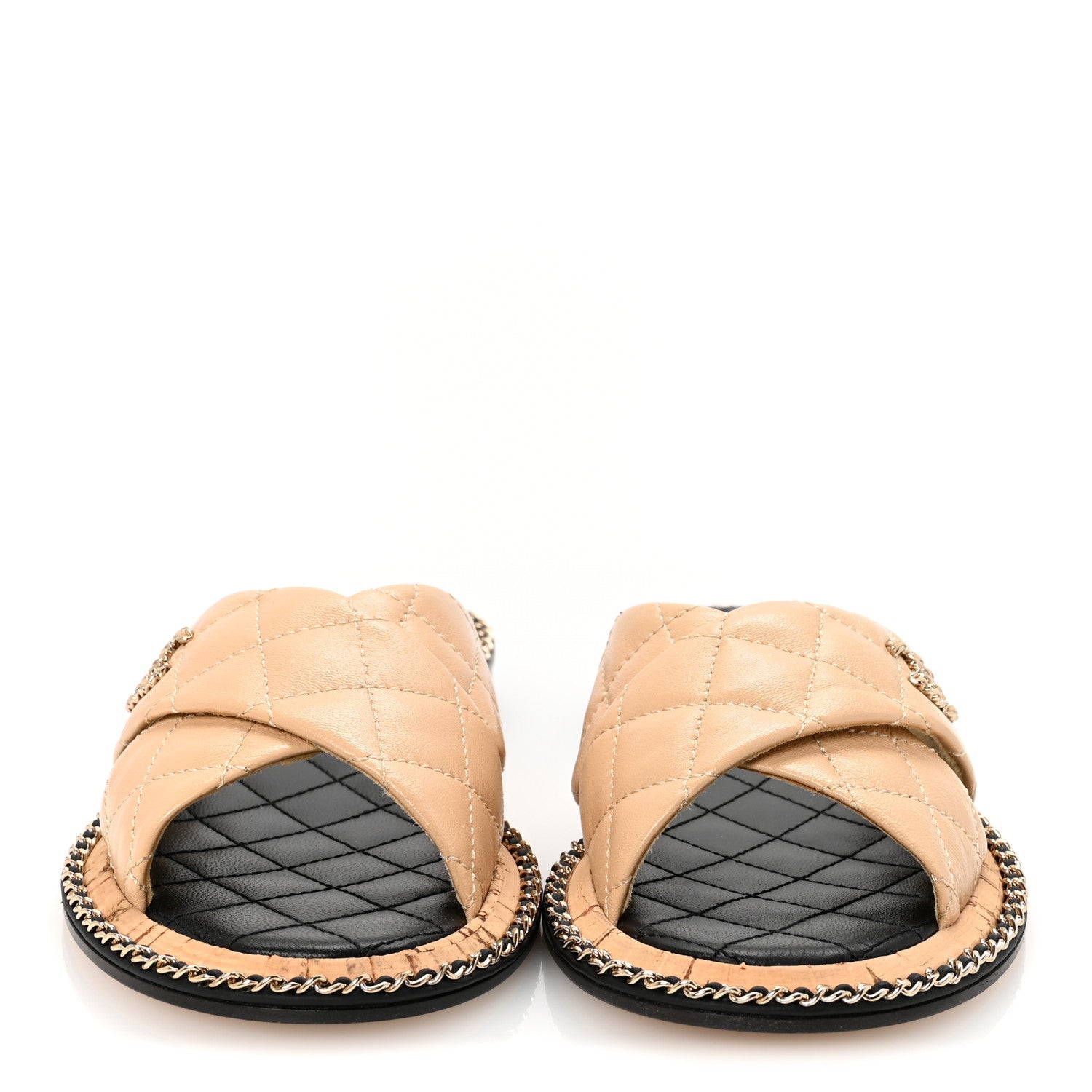 Shiny Lambskin Quilted Metal Chain CC Sandals 36.5 Beige