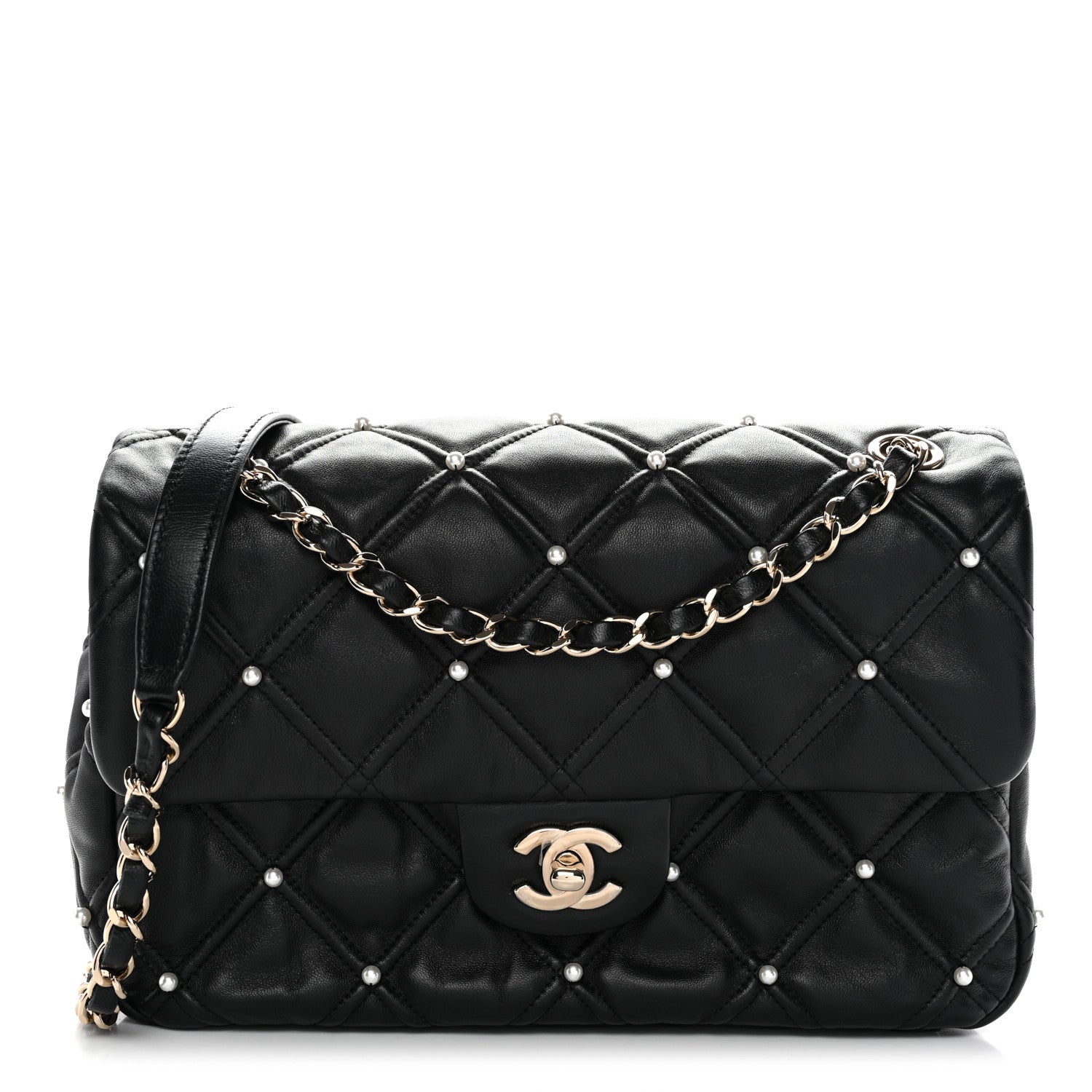 Lambskin Quilted Pearl Studded Flap Black