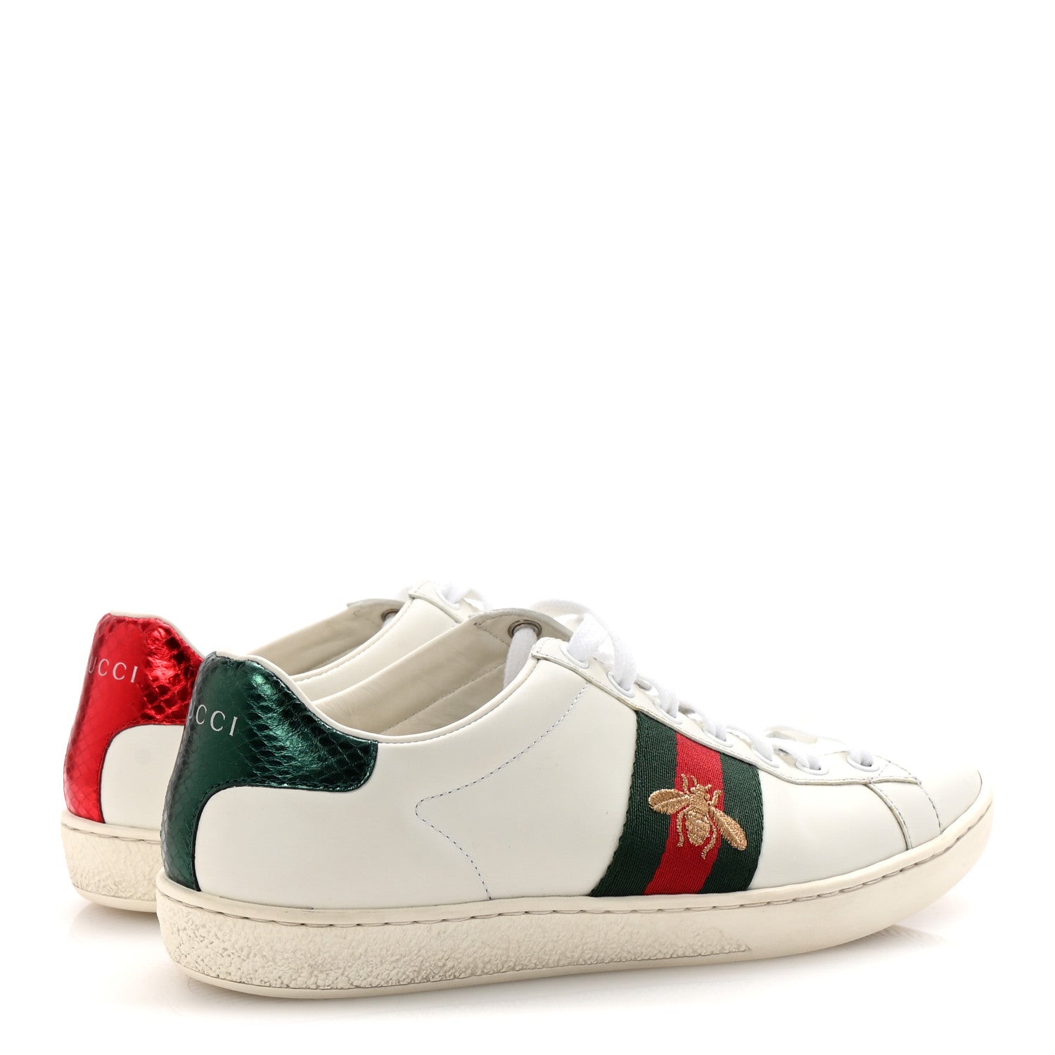 Calfskin Ayers Bee Embroidered Womens Ace Sneakers 37 White Red Flame Green