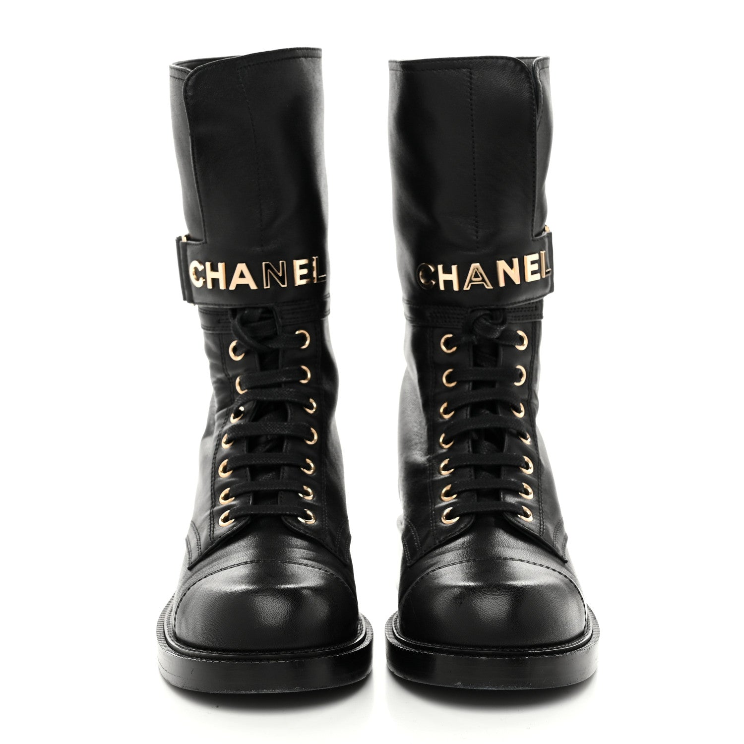 Shiny Calfskin Lace Up Combat Boots 37 Black