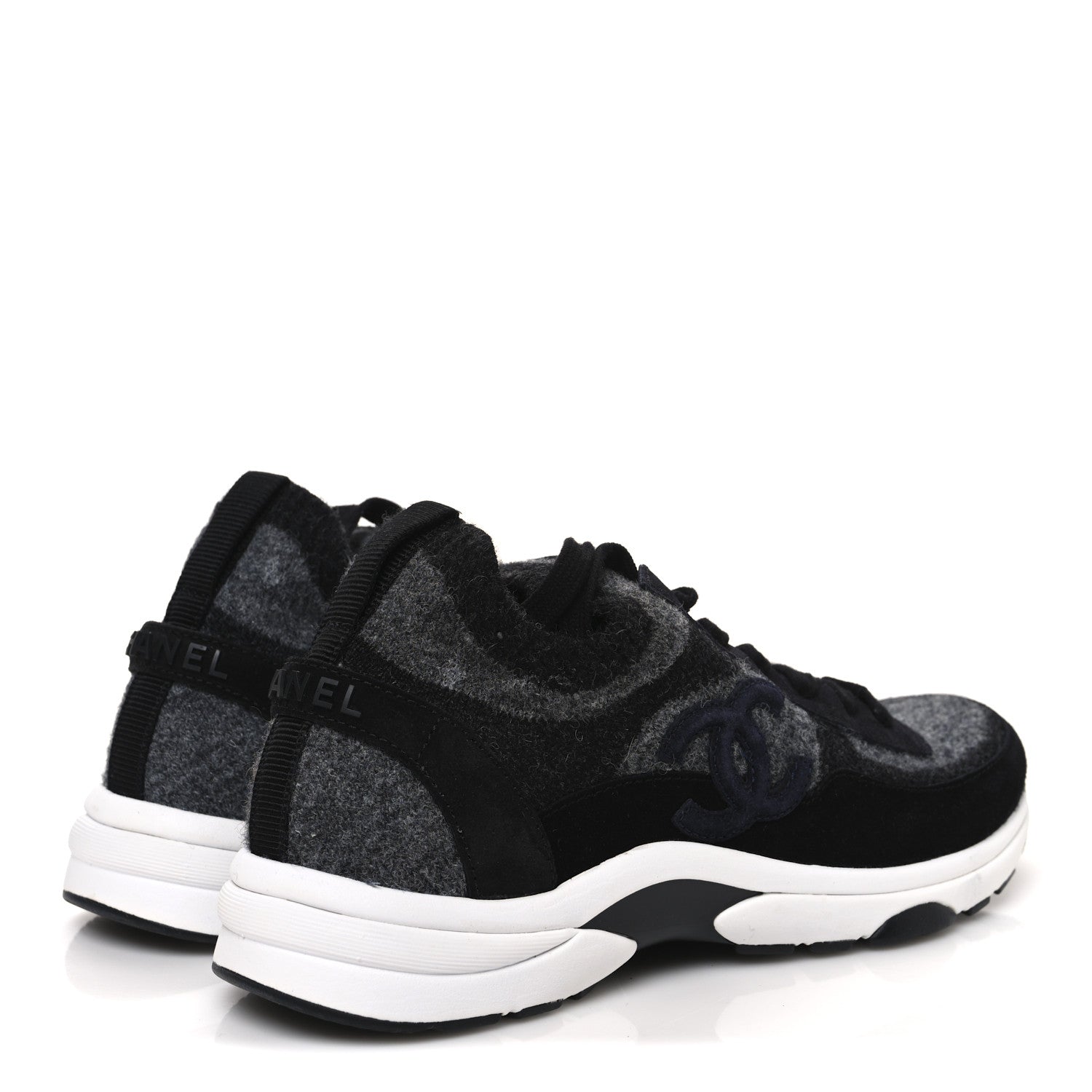 Knit Fabric Suede Calfskin Womens CC Sneakers 39 Black Grey