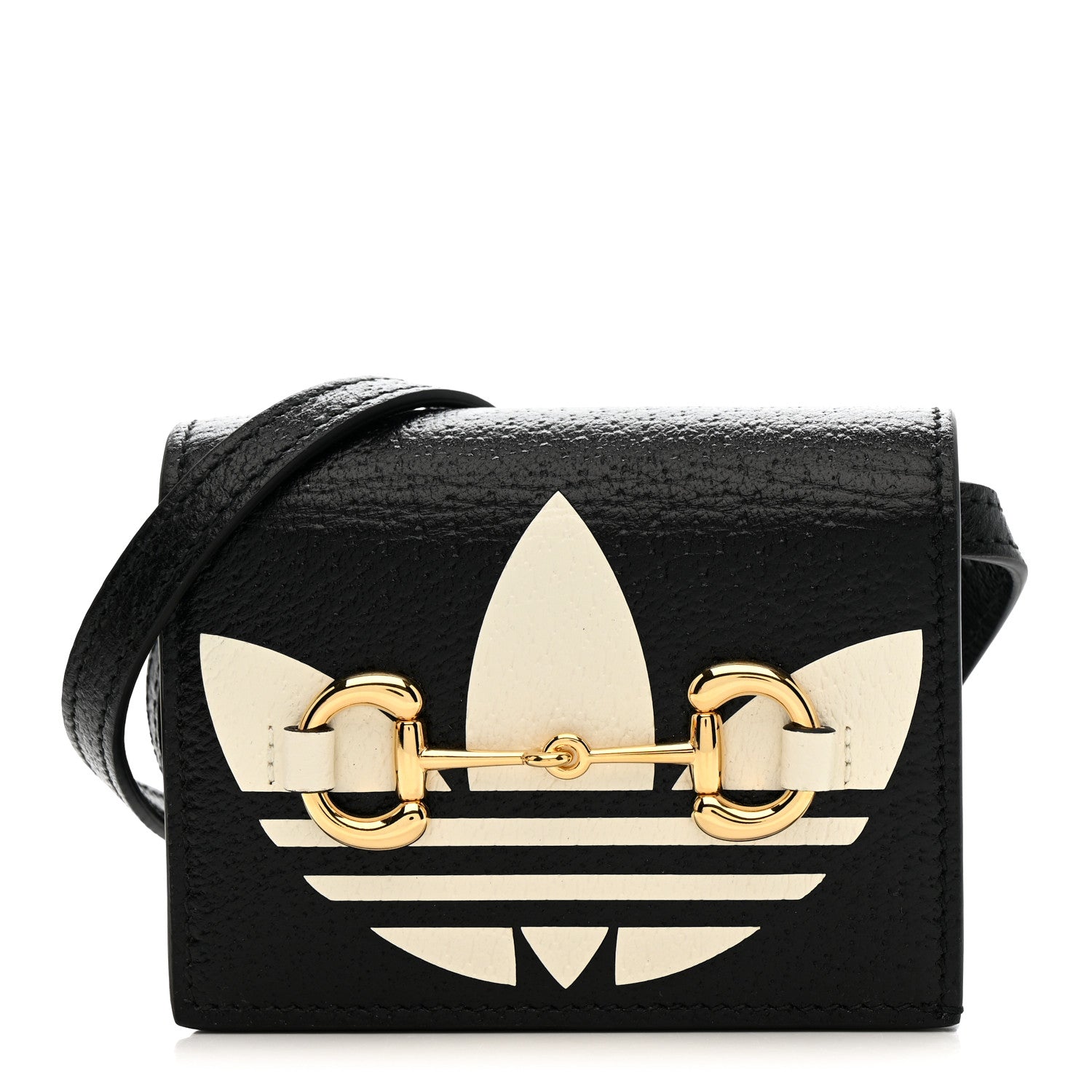 X ADIDAS Textured Dollar Calfskin Trefoil Horsebit 1955 Card Case Wallet With Strap Black Off White