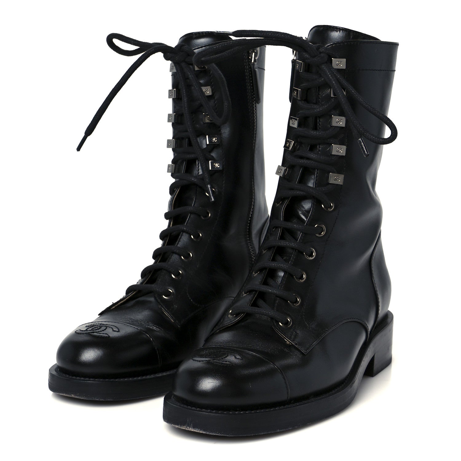 Calfskin Lace Up Combat Boots 38 Black